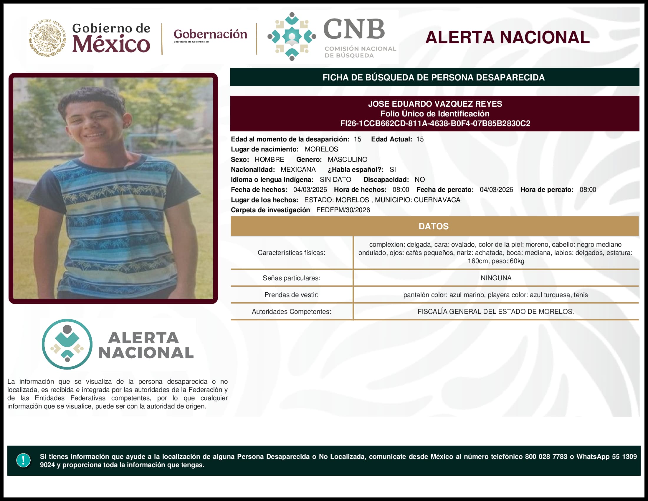 Persona desaparecida Jose Eduardo Vazquez Reyes