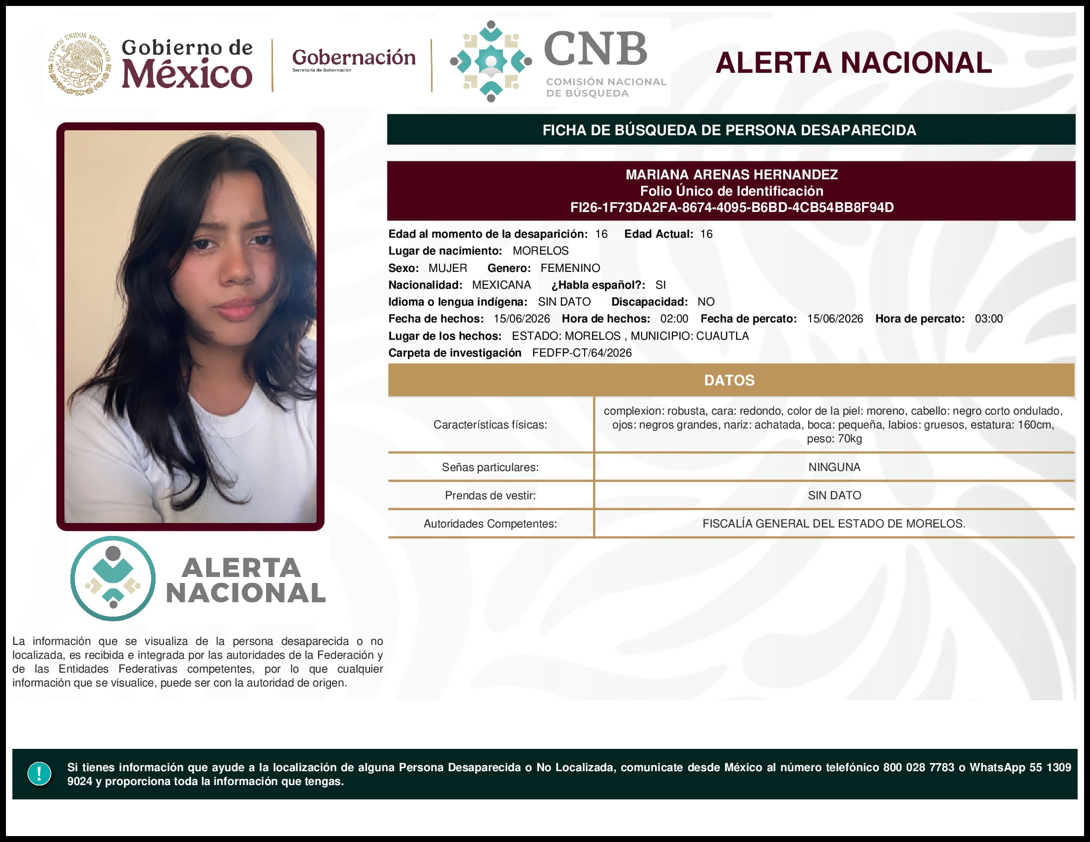 Persona desaparecida Mariana Arenas Hernandez