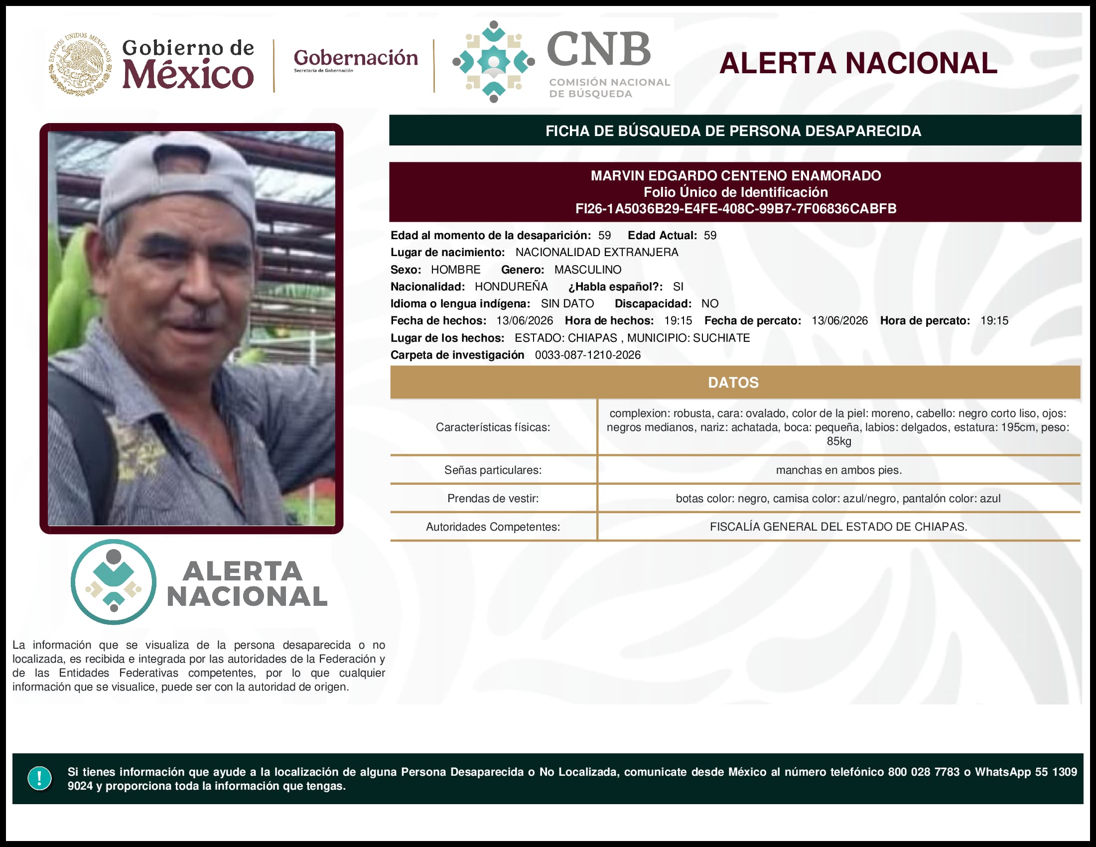 Persona desaparecida Marvin Edgardo Centeno Enamorado