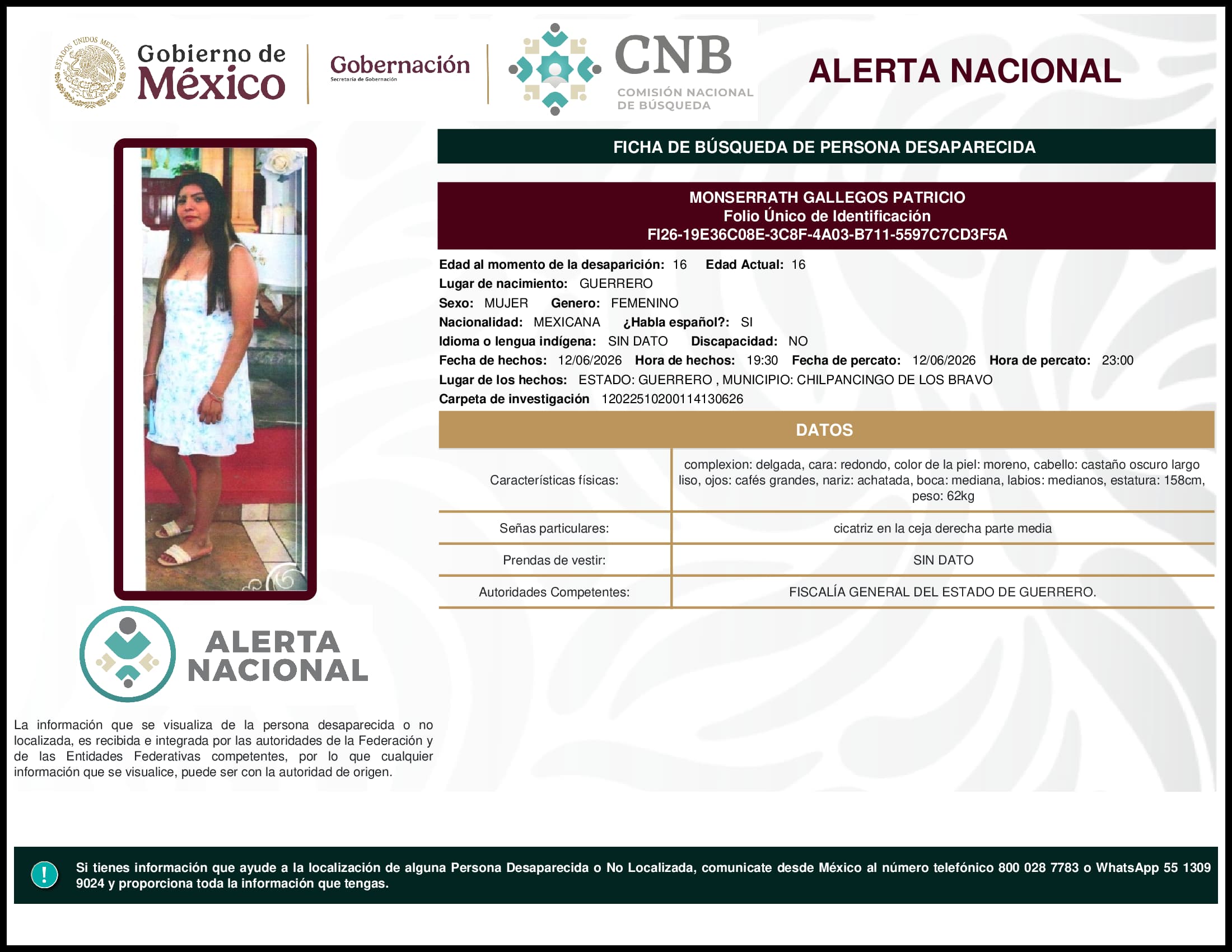 Persona desaparecida Monserrath Gallegos Patricio