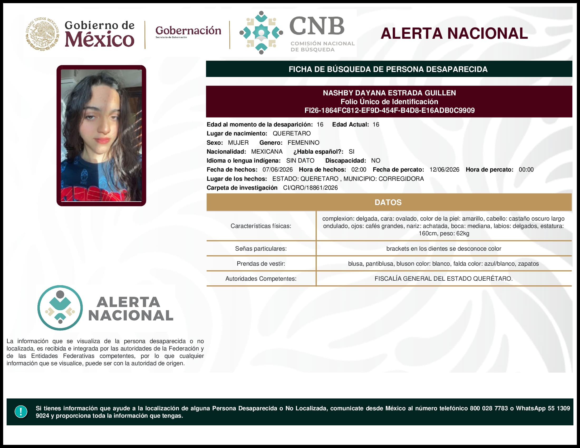 Persona desaparecida Nashby Dayana Estrada Guillen