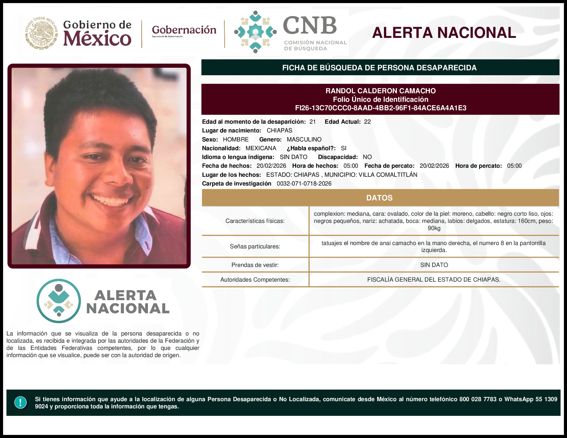 Persona desaparecida Randol Calderon Camacho