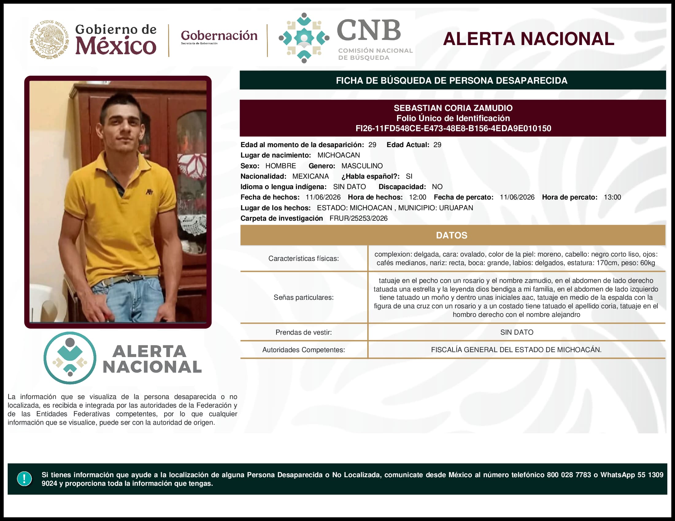 Persona desaparecida Sebastian Coria Zamudio