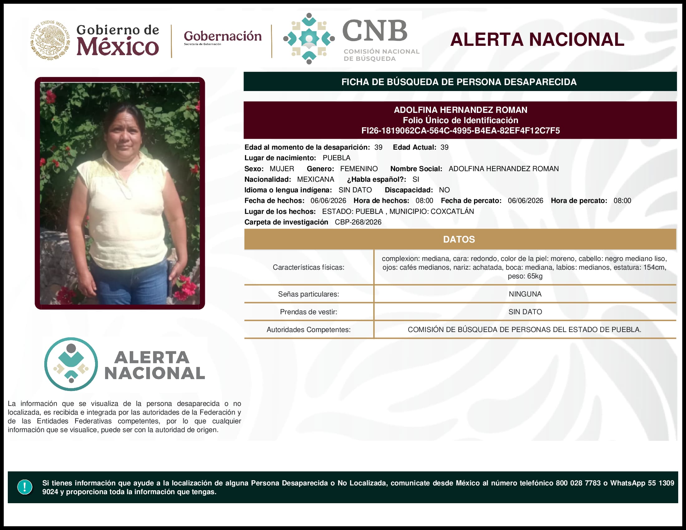 Persona desaparecida Adolfina Hernandez Roman