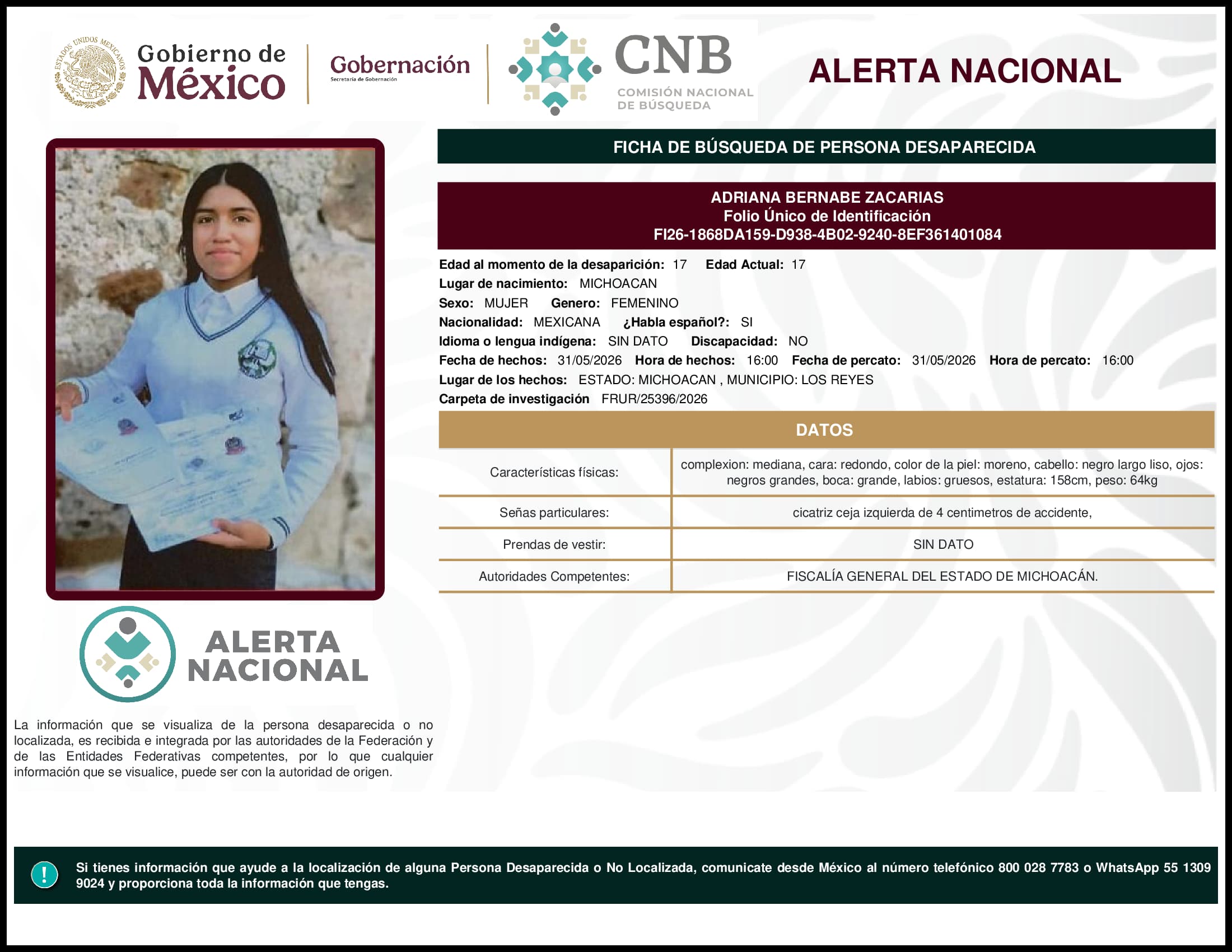 Persona desaparecida Adriana Bernabe Zacarias