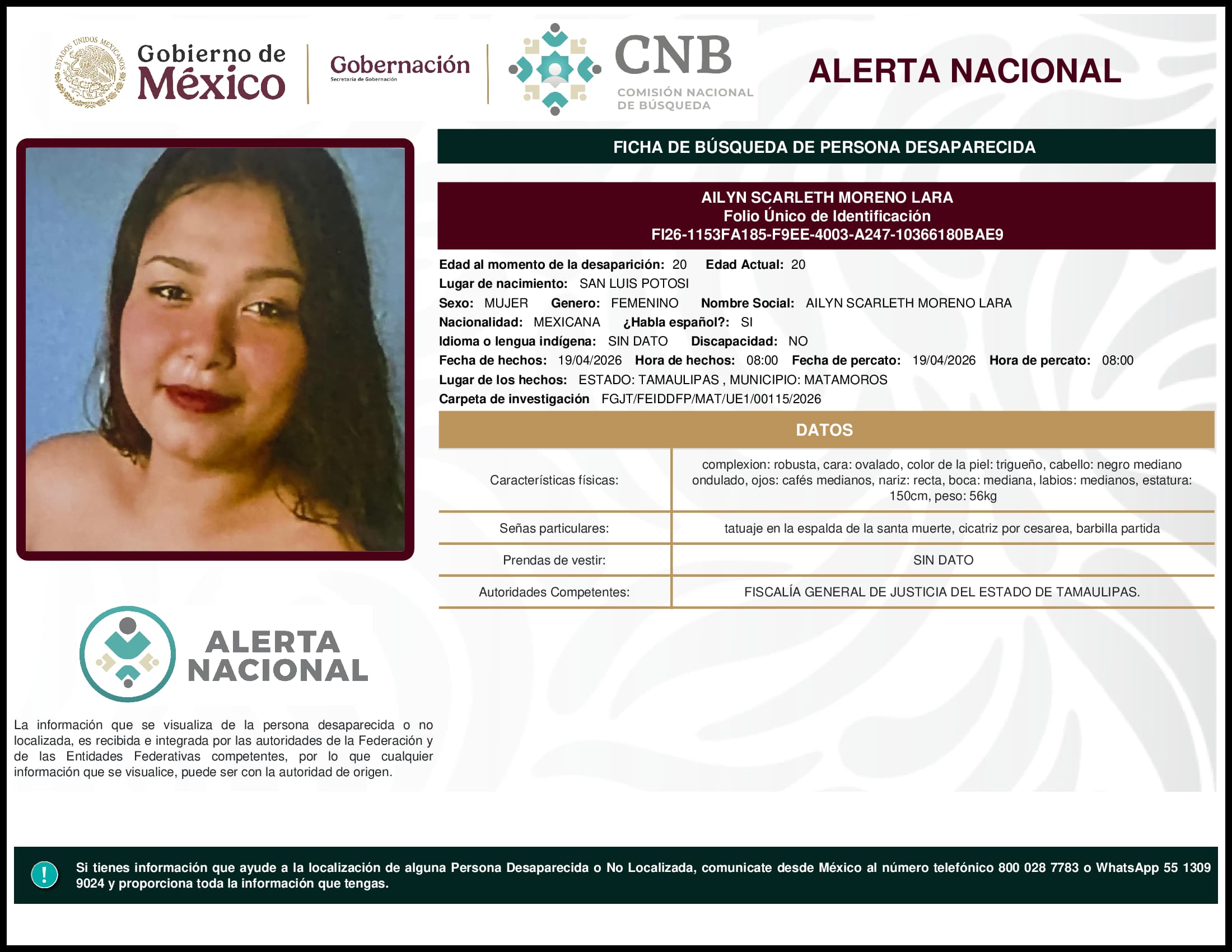 Persona desaparecida Ailyn Scarleth Moreno Lara