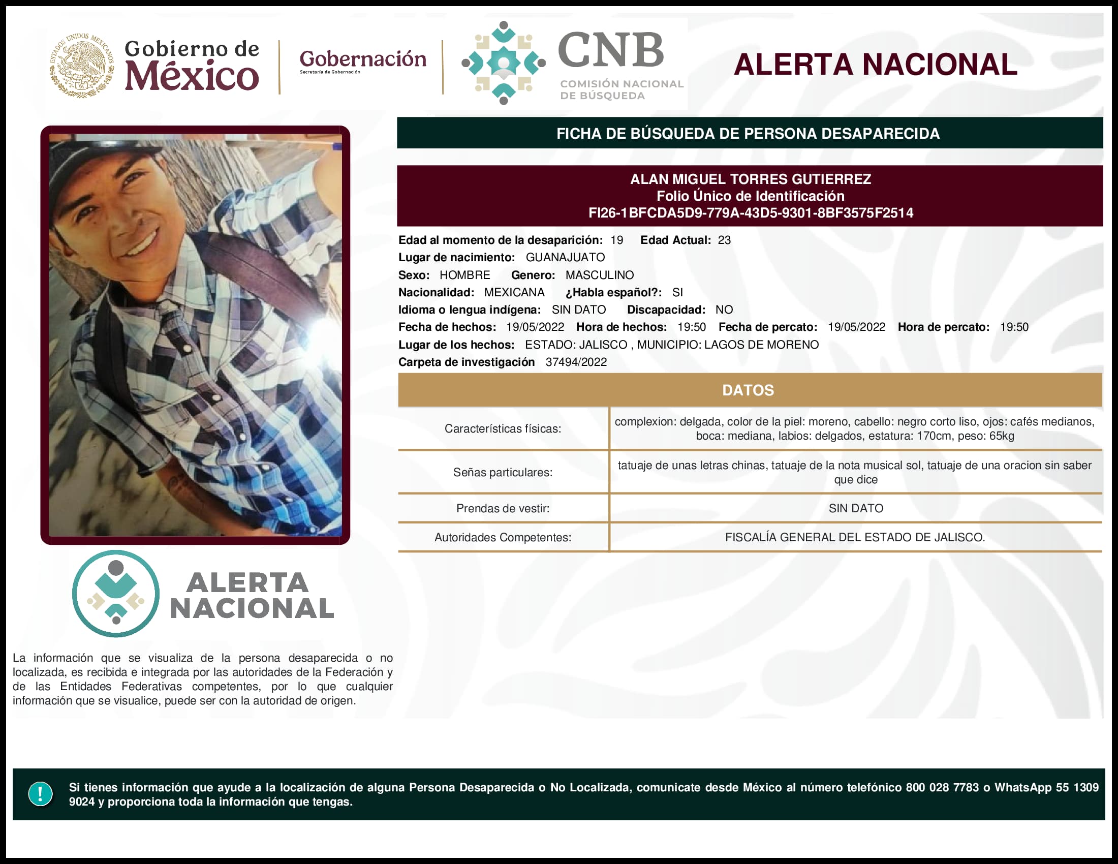 Persona desaparecida Alan Miguel Torres Gutierrez