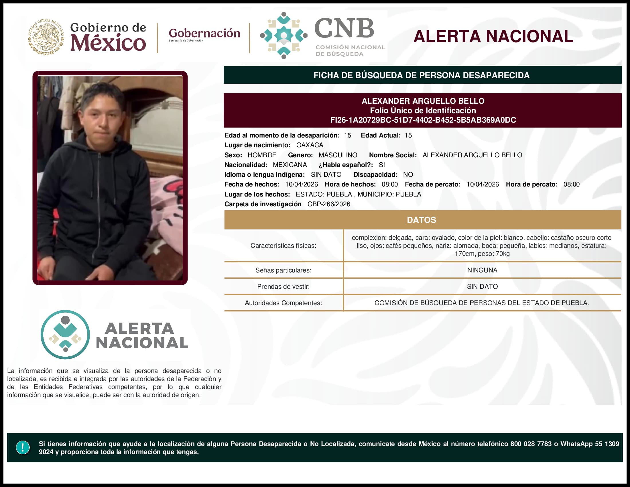 Persona desaparecida Alexander Arguello Bello
