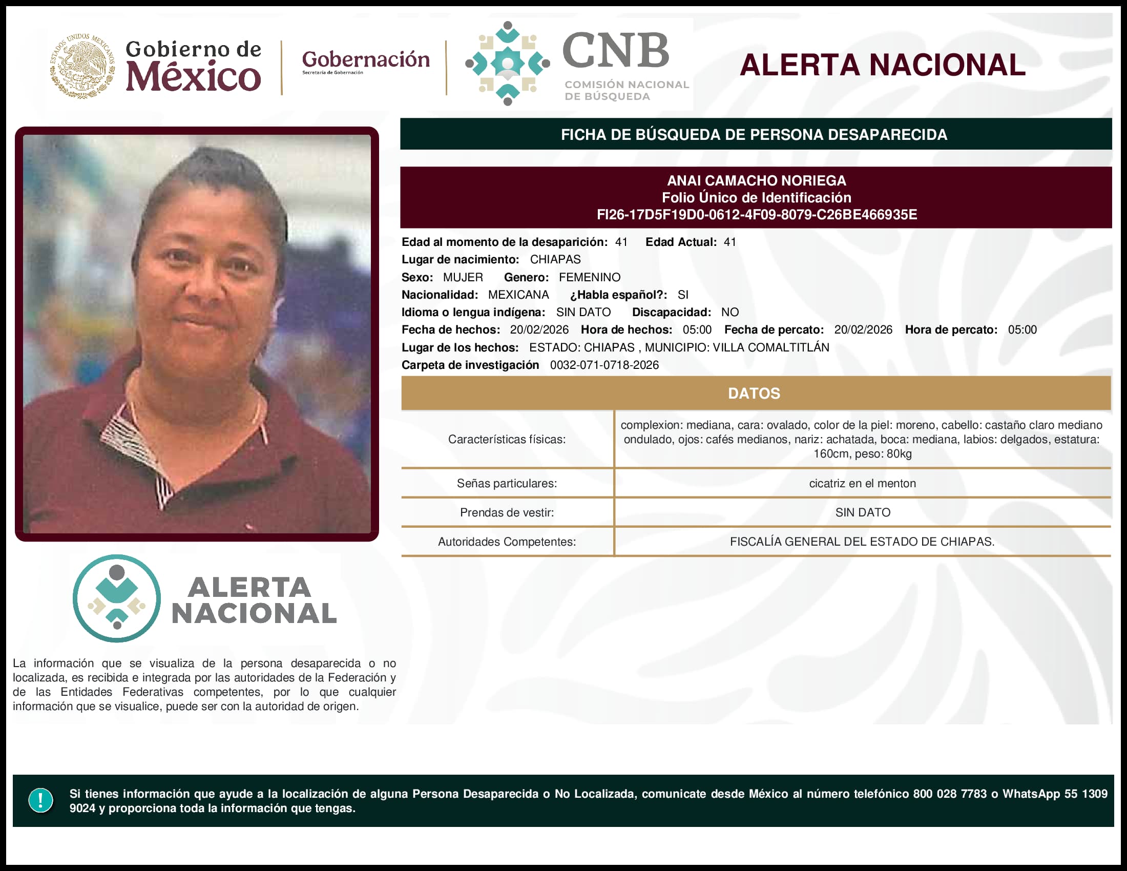 Persona desaparecida Anai Camacho Noriega