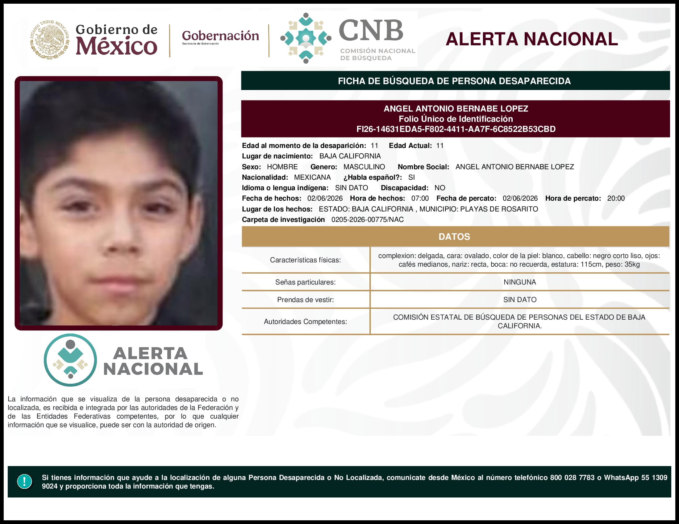 Persona desaparecida Angel Antonio Bernabe Lopez