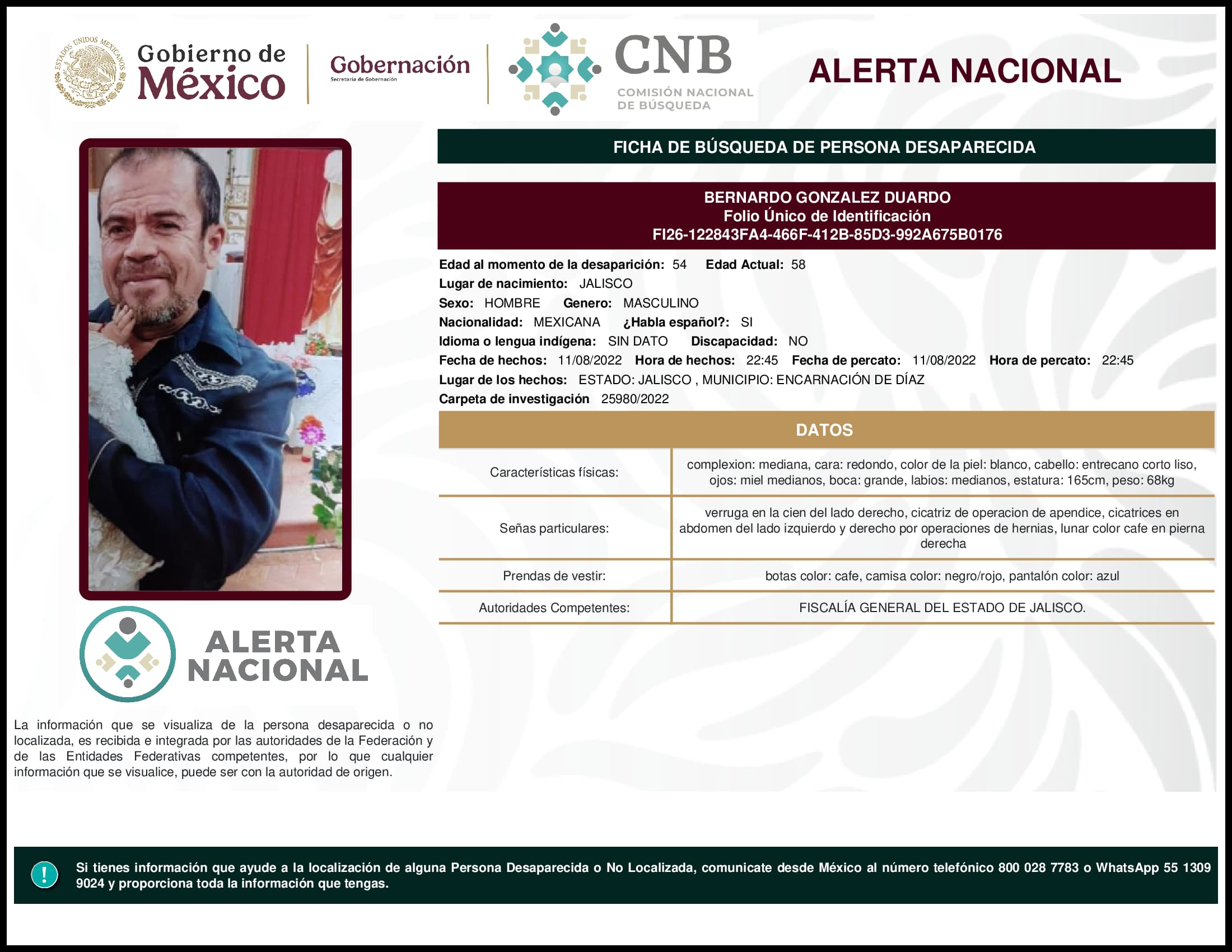Persona desaparecida Bernardo Gonzalez Duardo