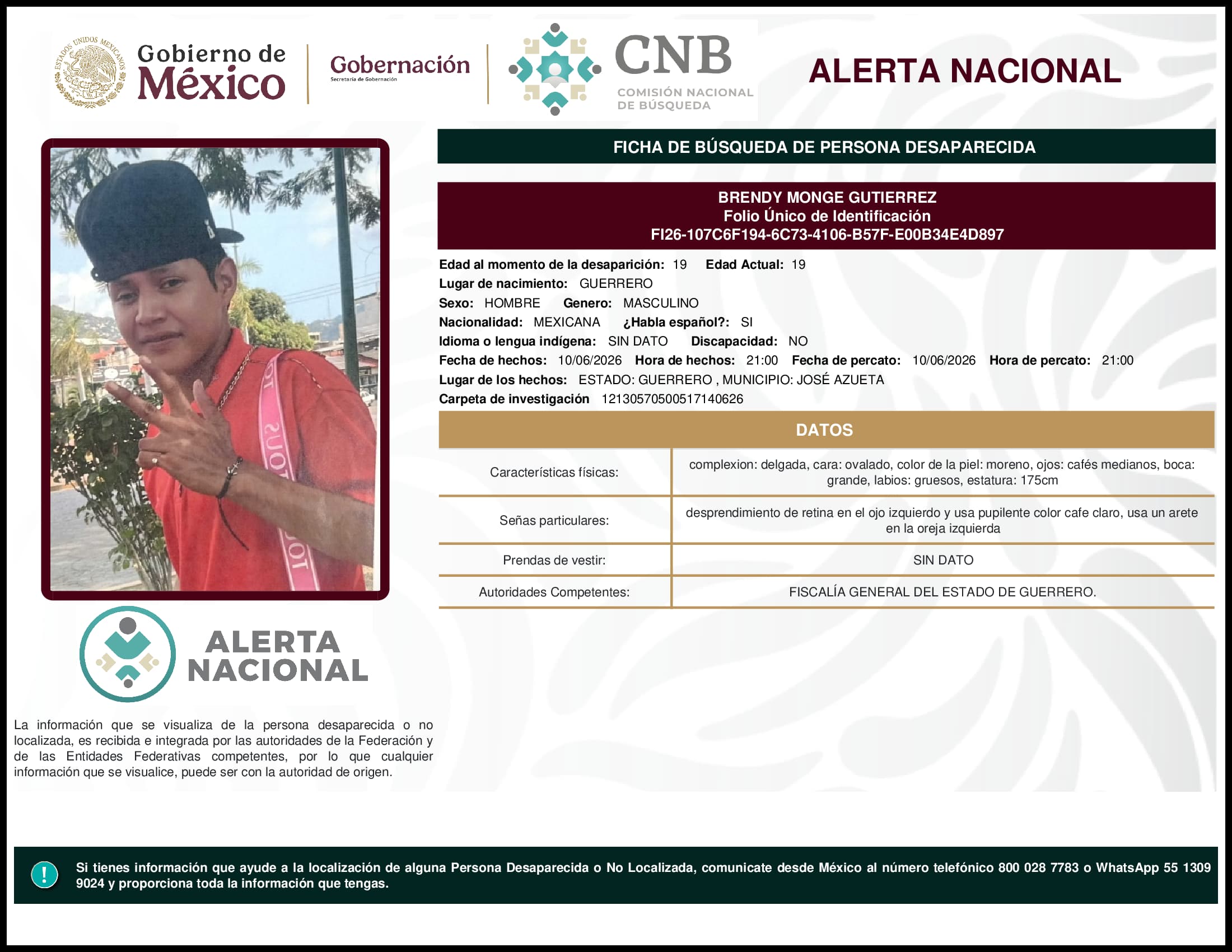 Persona desaparecida Brendy Monge Gutierrez