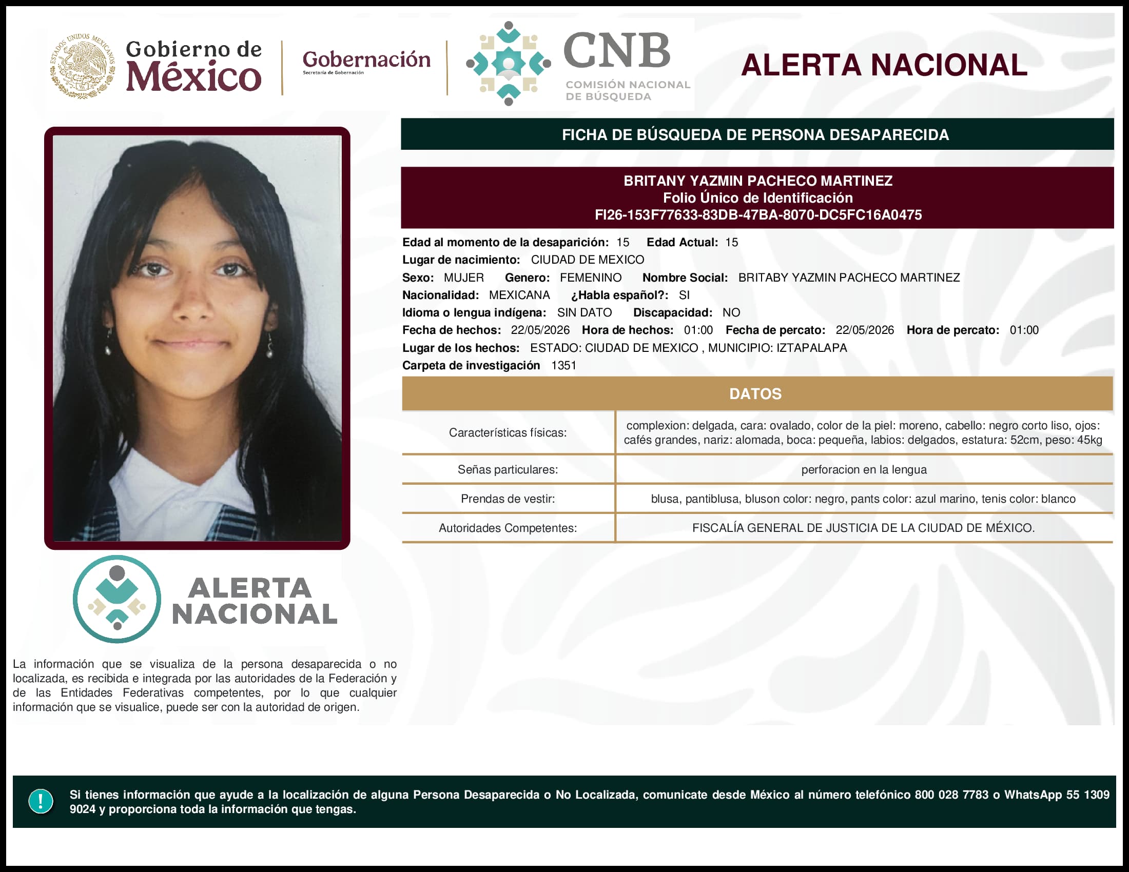 Persona desaparecida Britany Yazmin Pacheco Martinez
