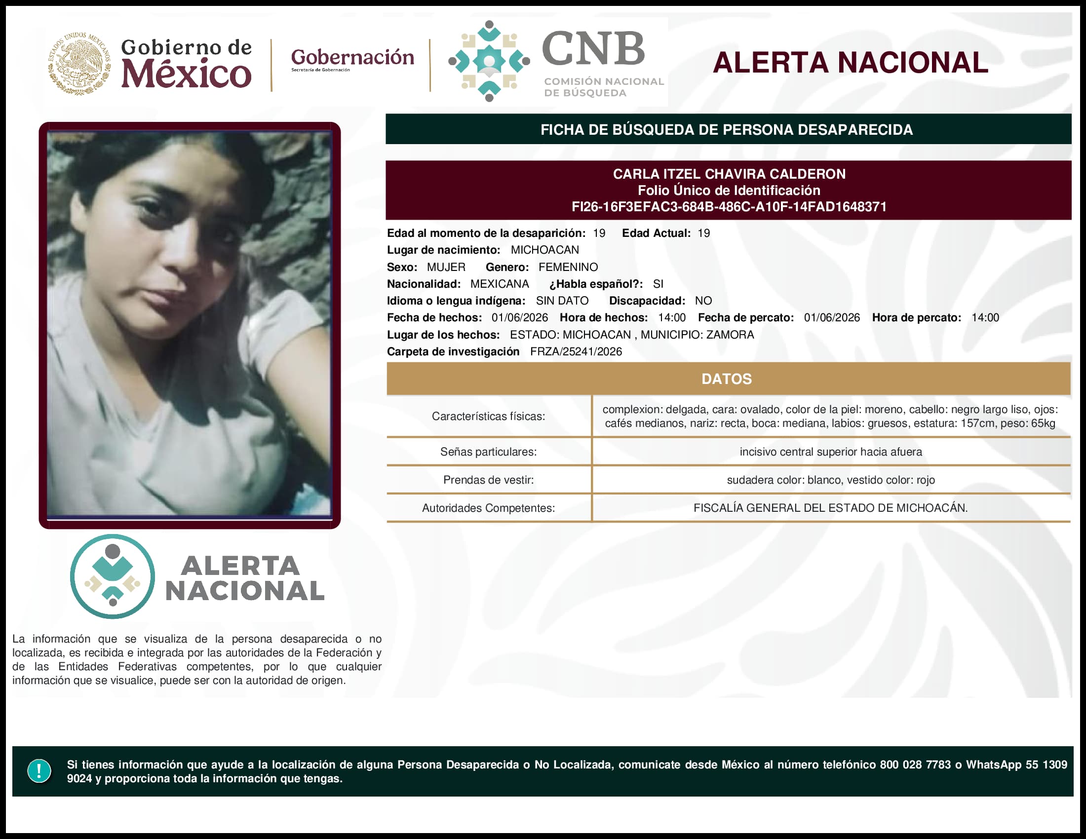 Persona desaparecida Carla Itzel Chavira Calderon