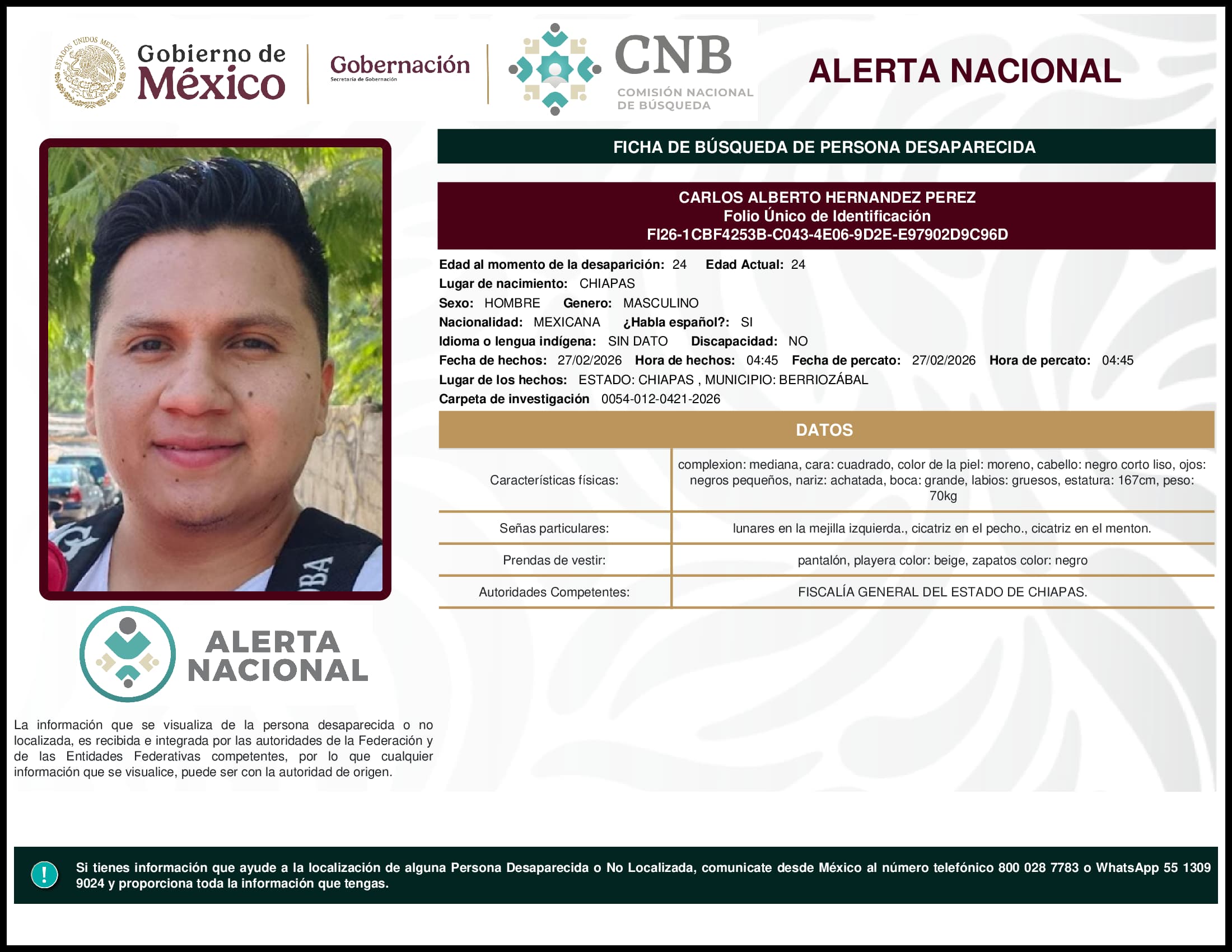 Persona desaparecida Carlos Alberto Hernandez Perez