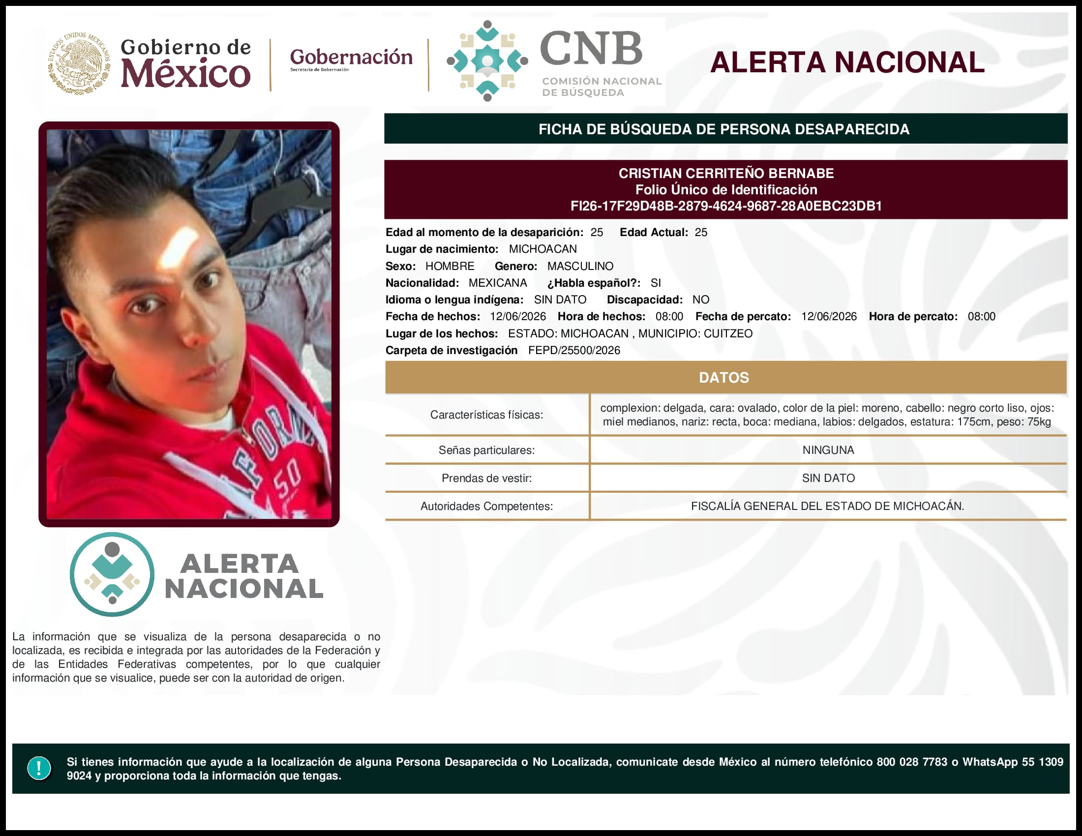 Persona desaparecida Cristian Cerriteno Bernabe