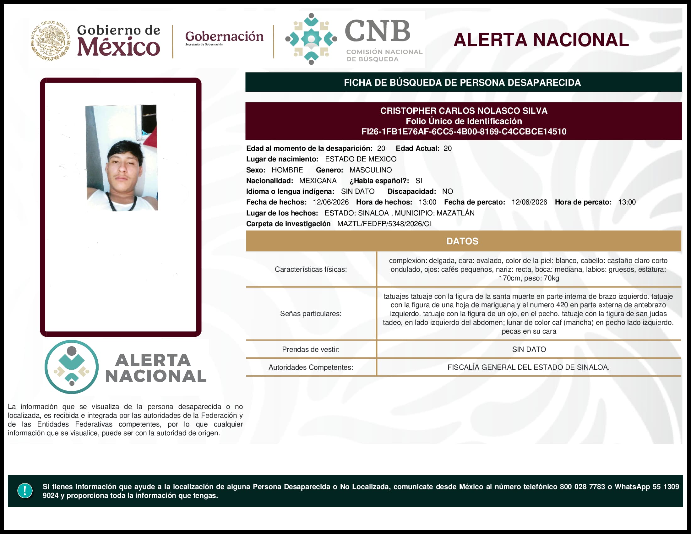 Persona desaparecida Cristopher Carlos Nolasco Silva