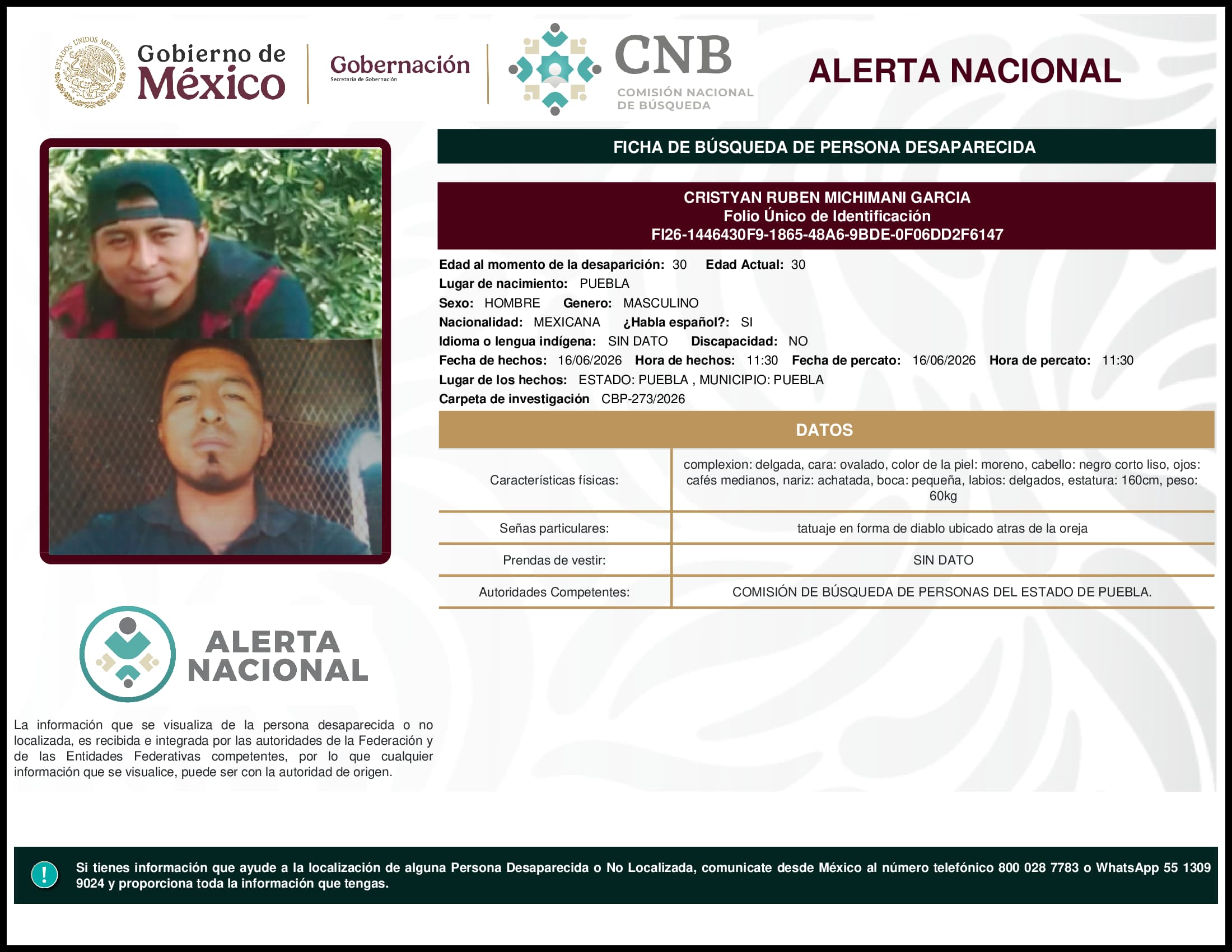 Persona desaparecida Cristyan Ruben Michimani Garcia