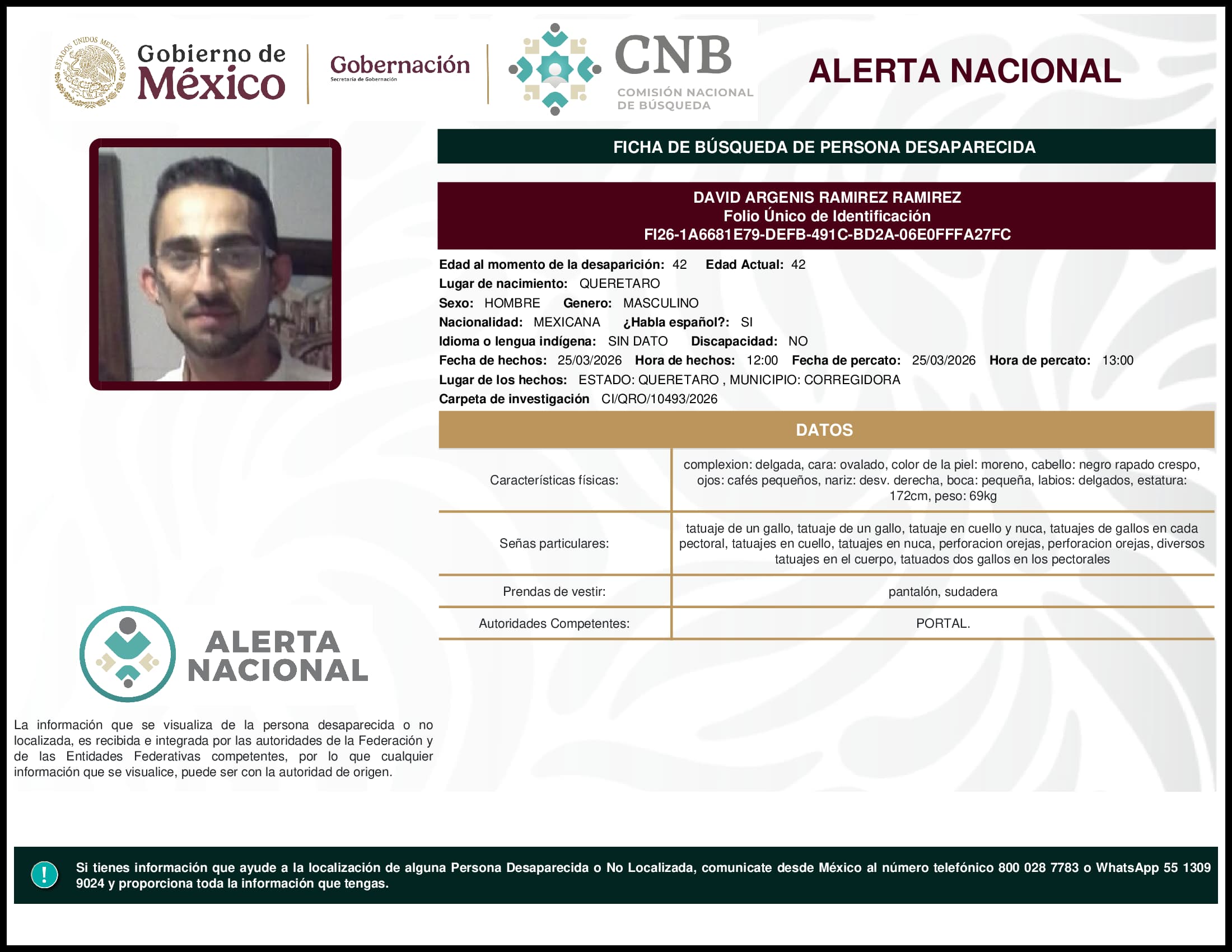 Persona desaparecida David Argenis Ramirez Ramirez