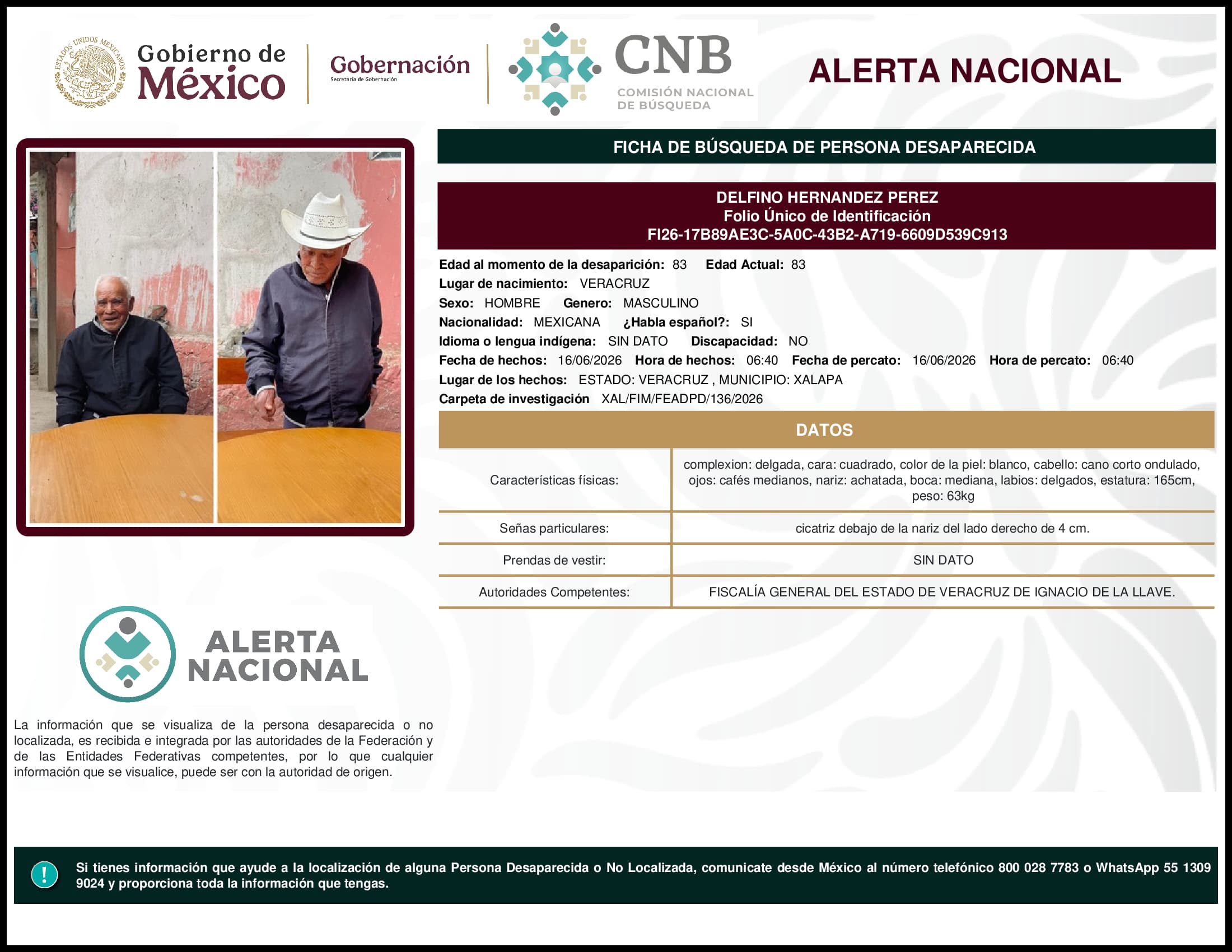 Persona desaparecida Delfino Hernandez Perez