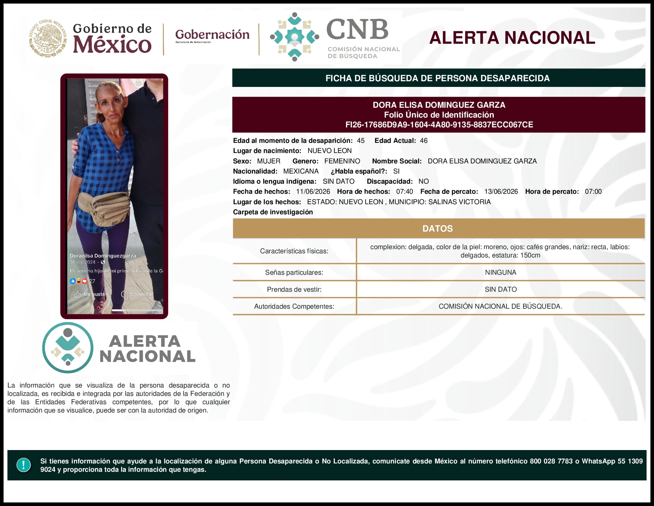 Persona desaparecida Dora Elisa Dominguez Garza