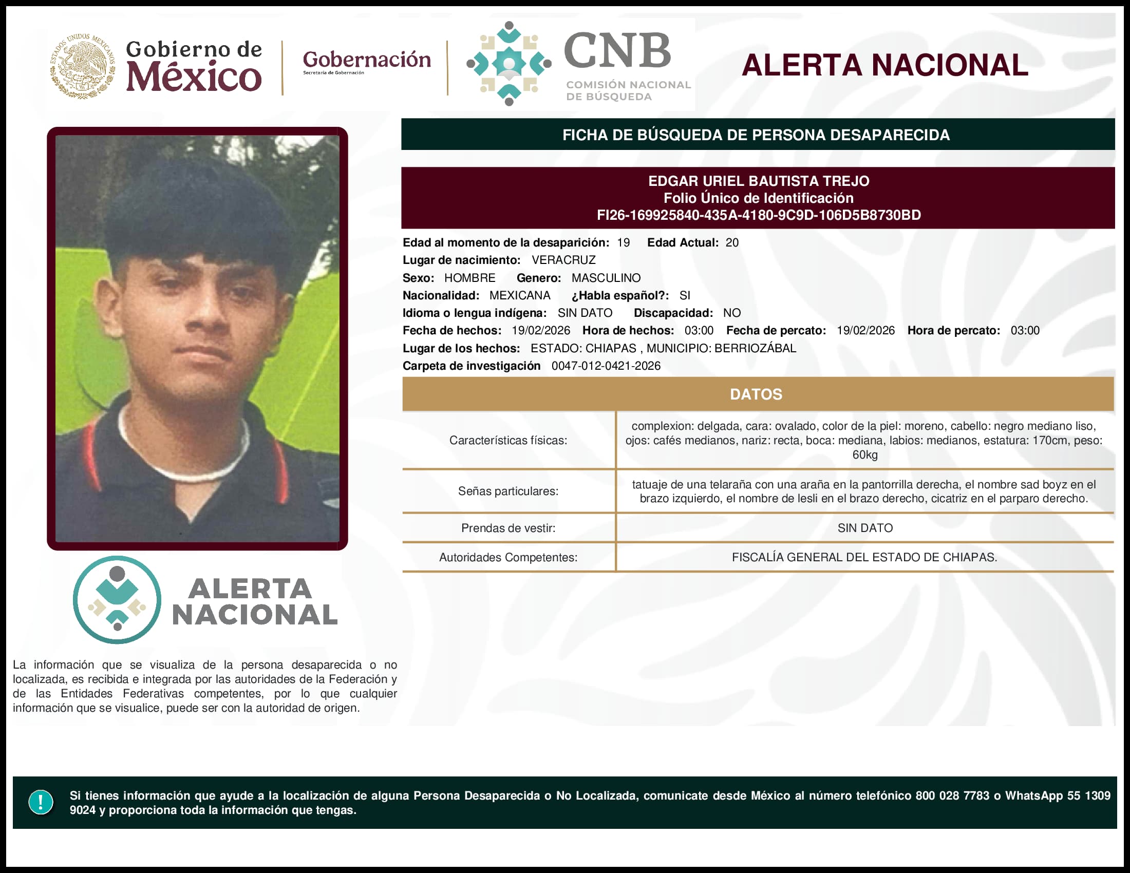 Persona desaparecida Edgar Uriel Bautista Trejo