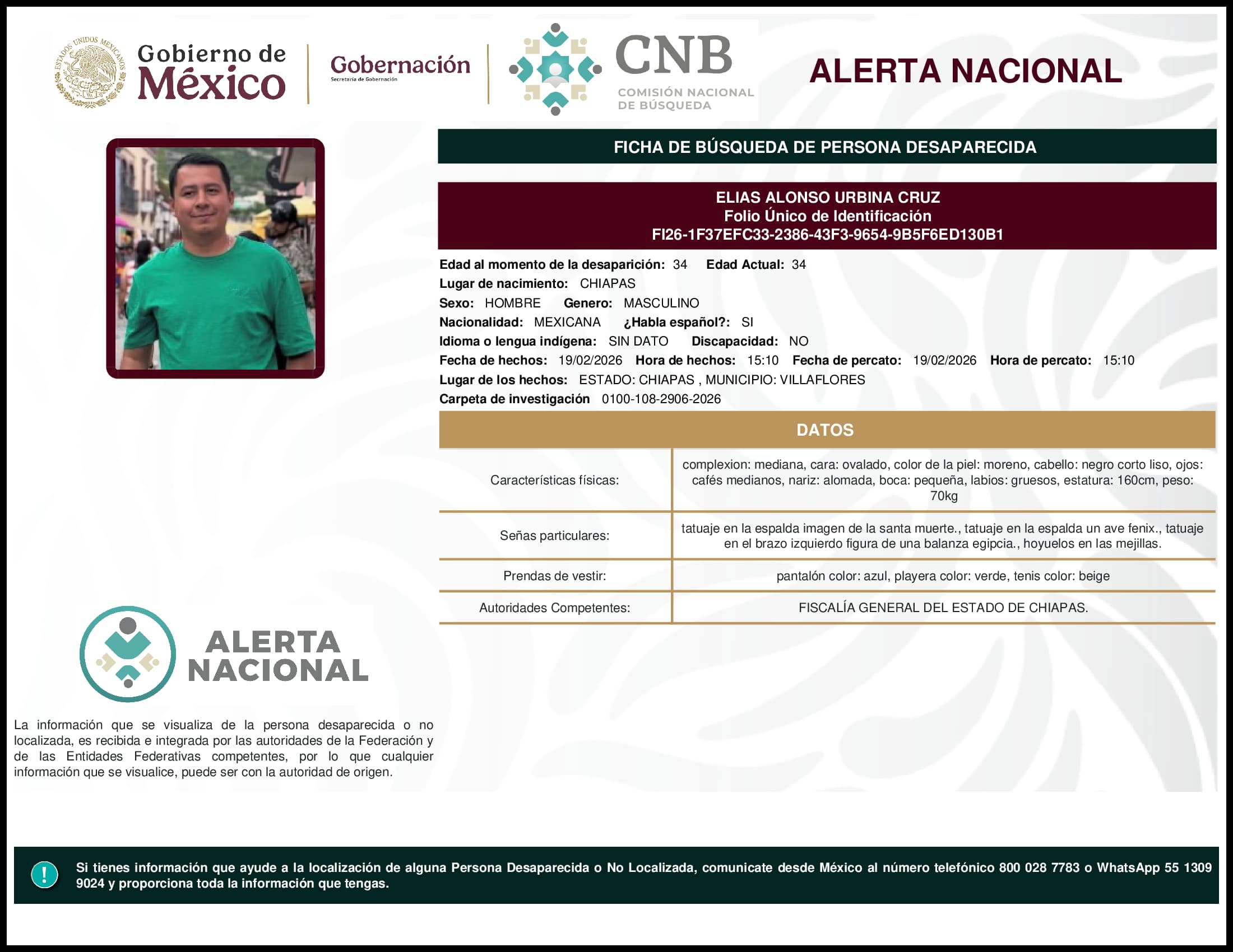 Persona desaparecida Elias Alonso Urbina Cruz