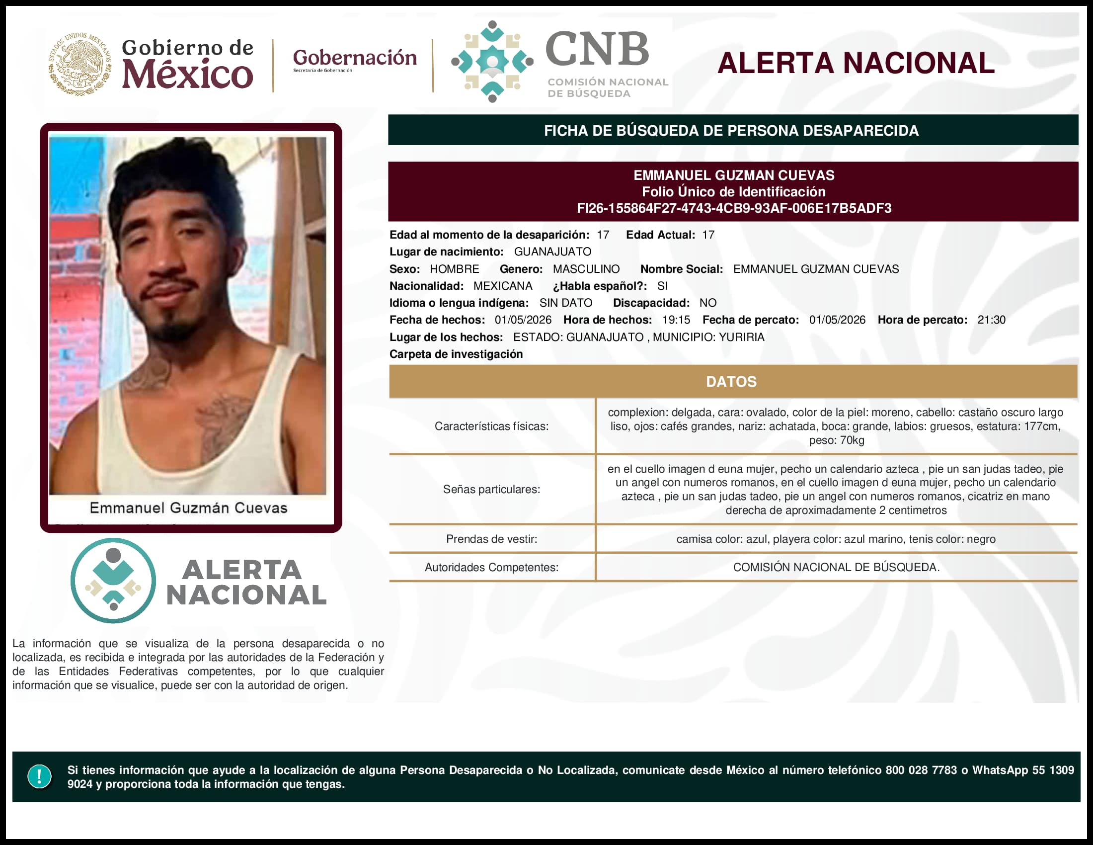 Persona desaparecida Emmanuel Guzman Cuevas