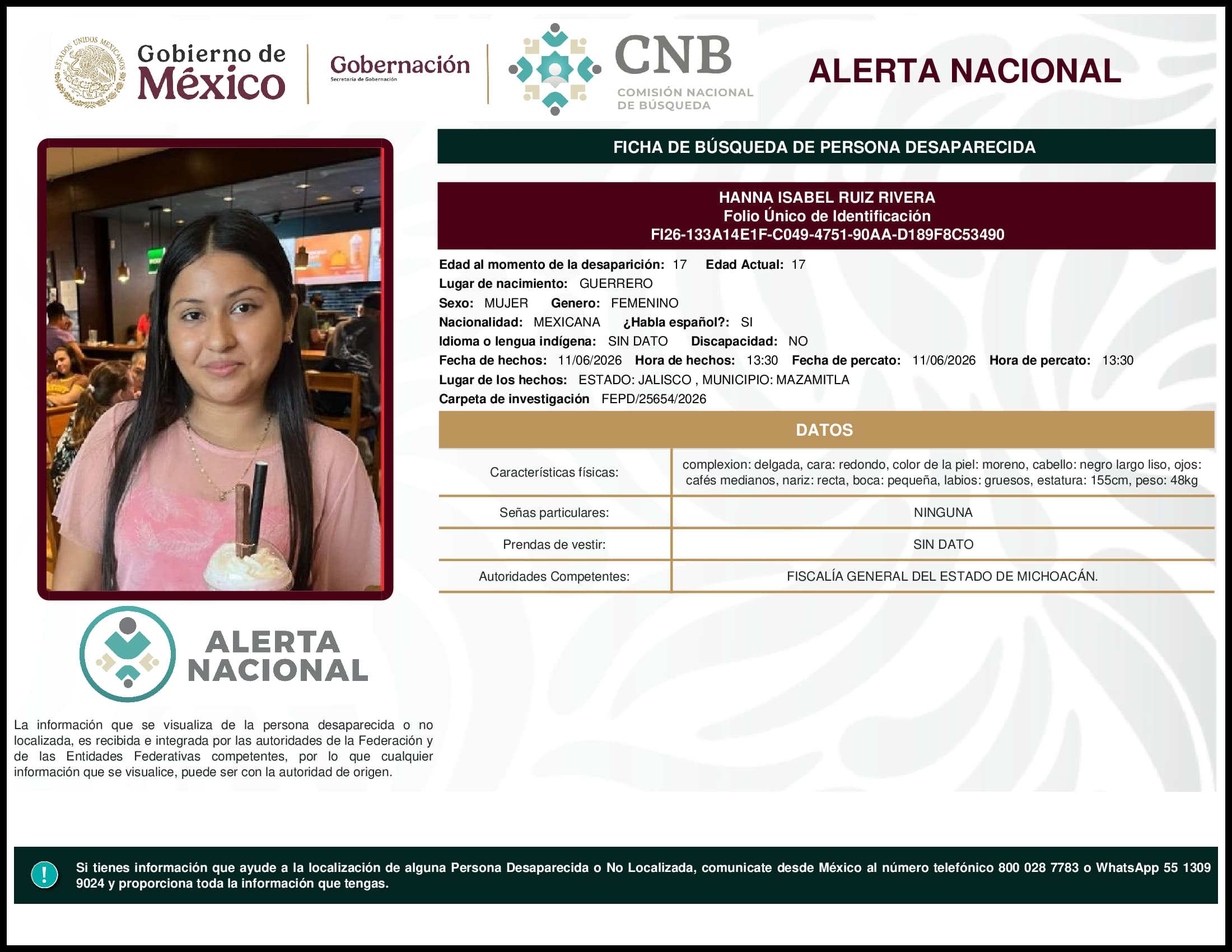 Persona desaparecida Hanna Isabel Ruiz Rivera