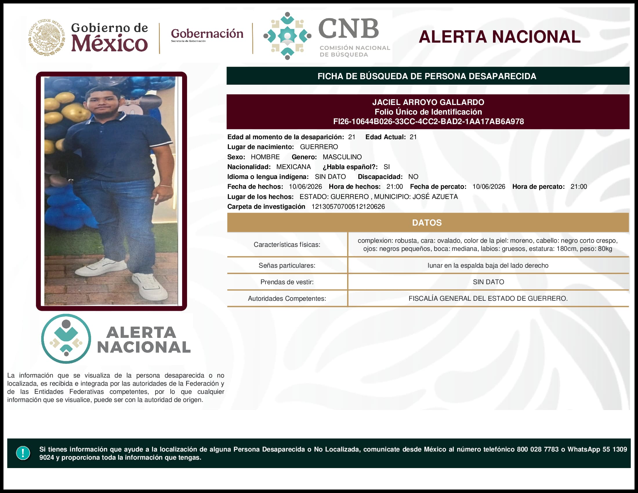 Persona desaparecida Jaciel Arroyo Gallardo