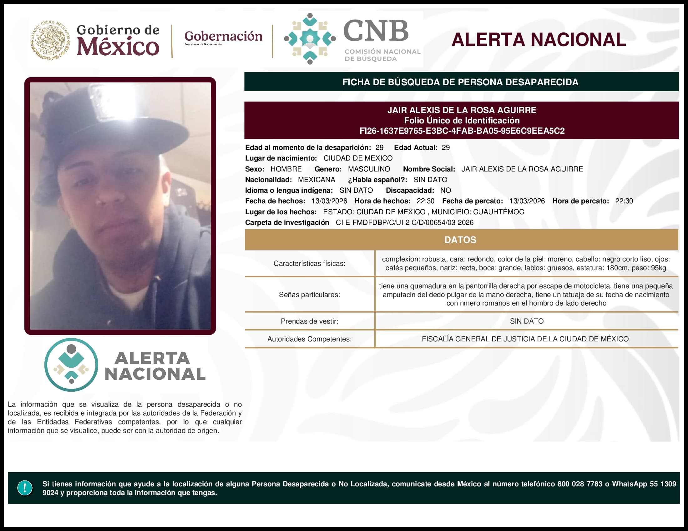 Persona desaparecida Jair Alexis De La Rosa Aguirre