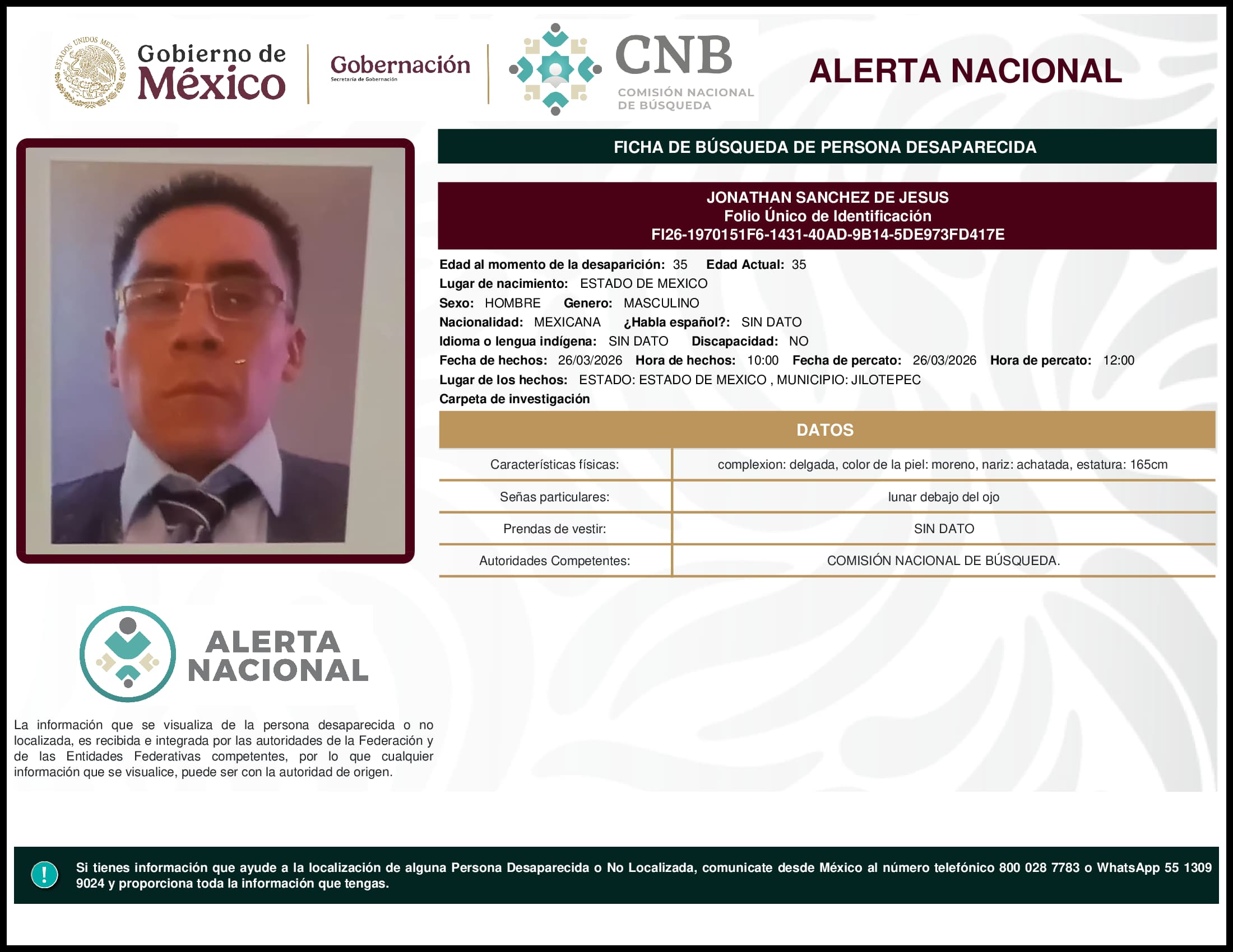 Persona desaparecida Jonathan Sanchez De Jesus
