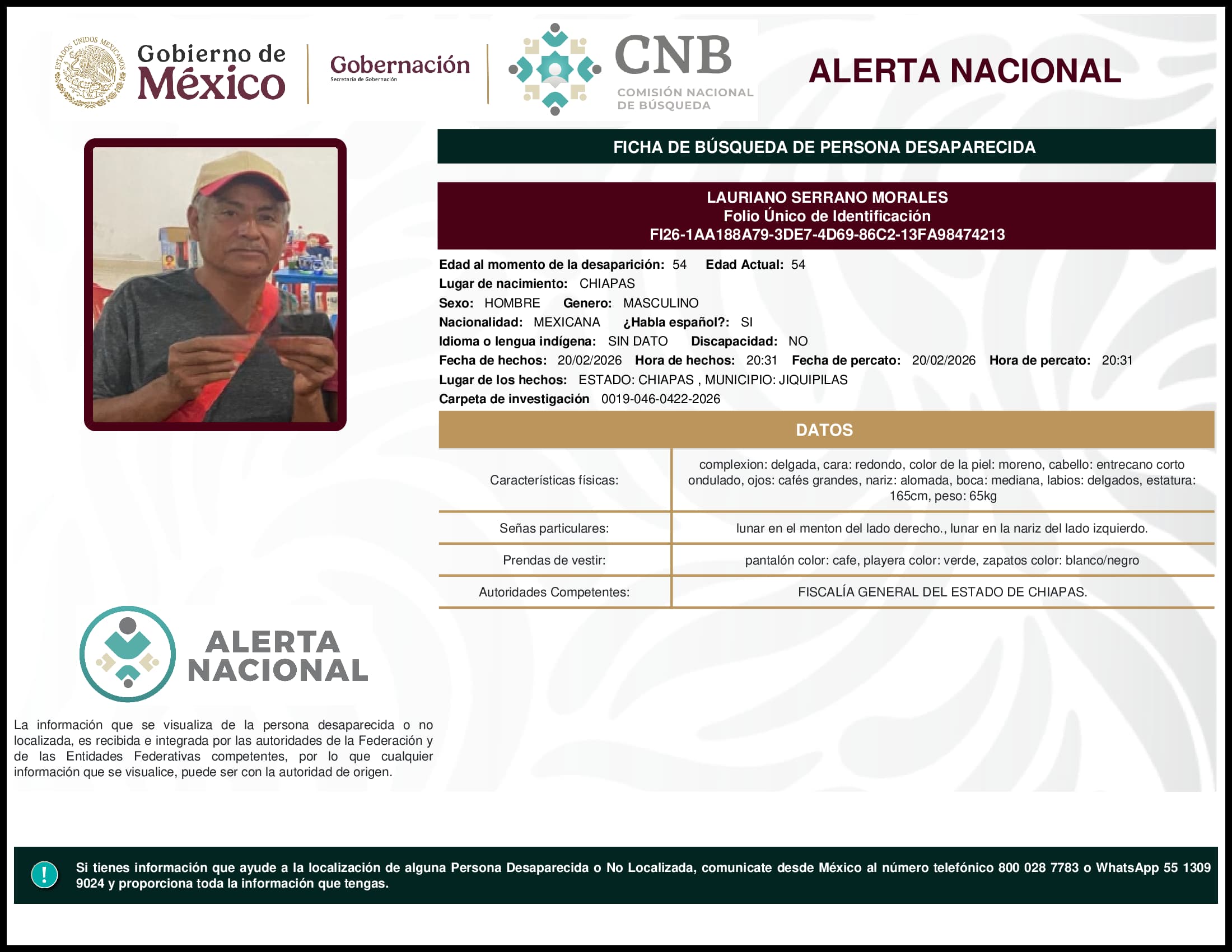 Persona desaparecida Lauriano Serrano Morales