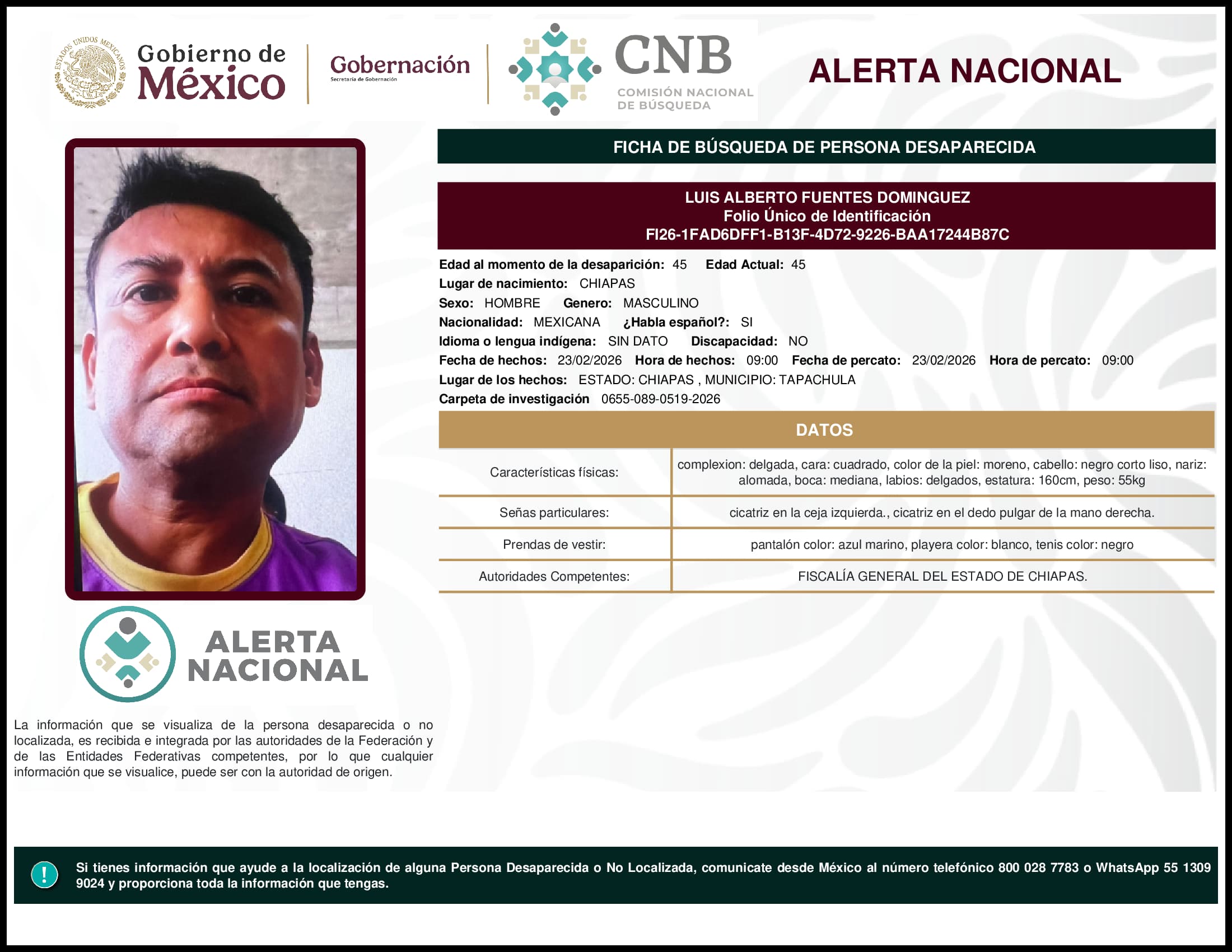 Persona desaparecida Luis Alberto Fuentes Dominguez