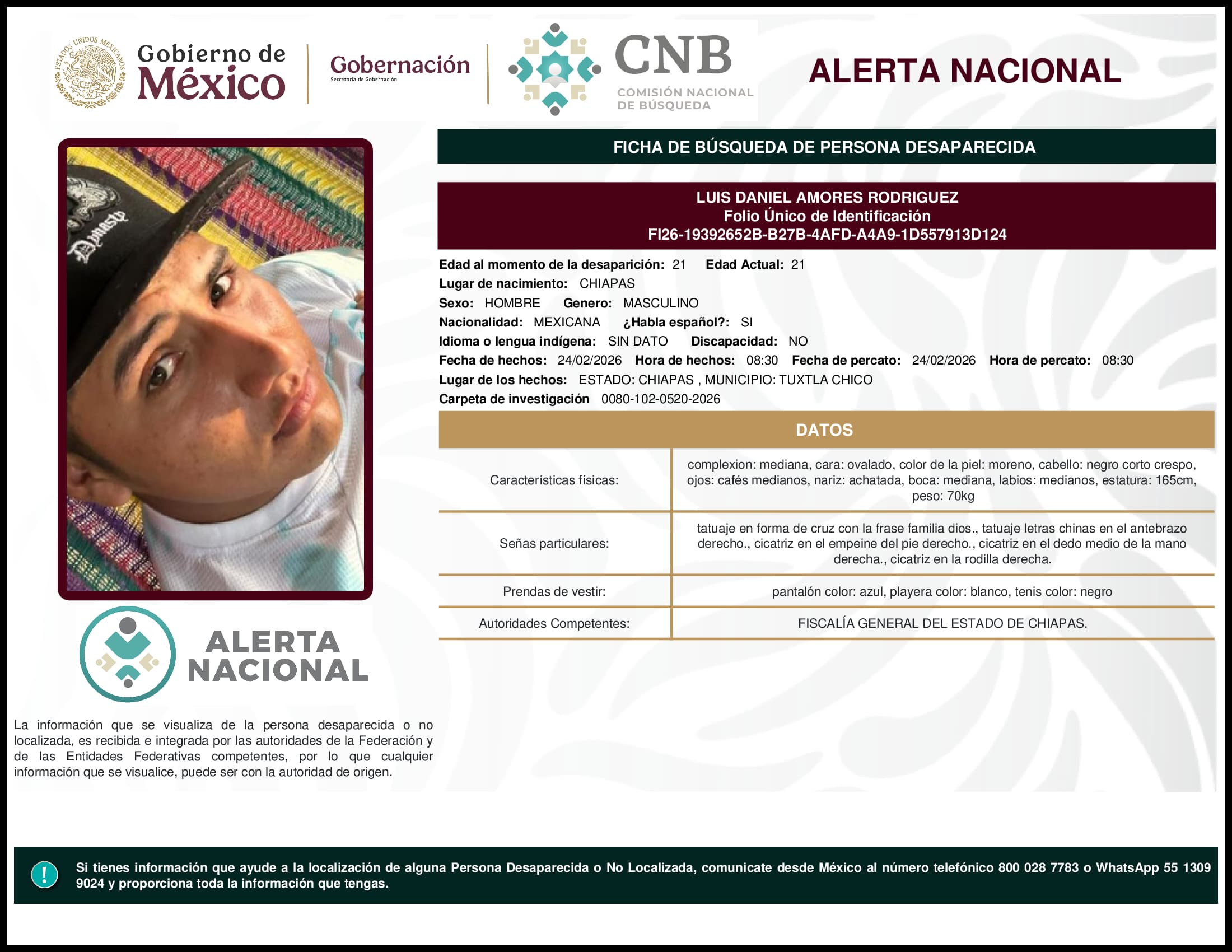 Persona desaparecida Luis Daniel Amores Rodriguez