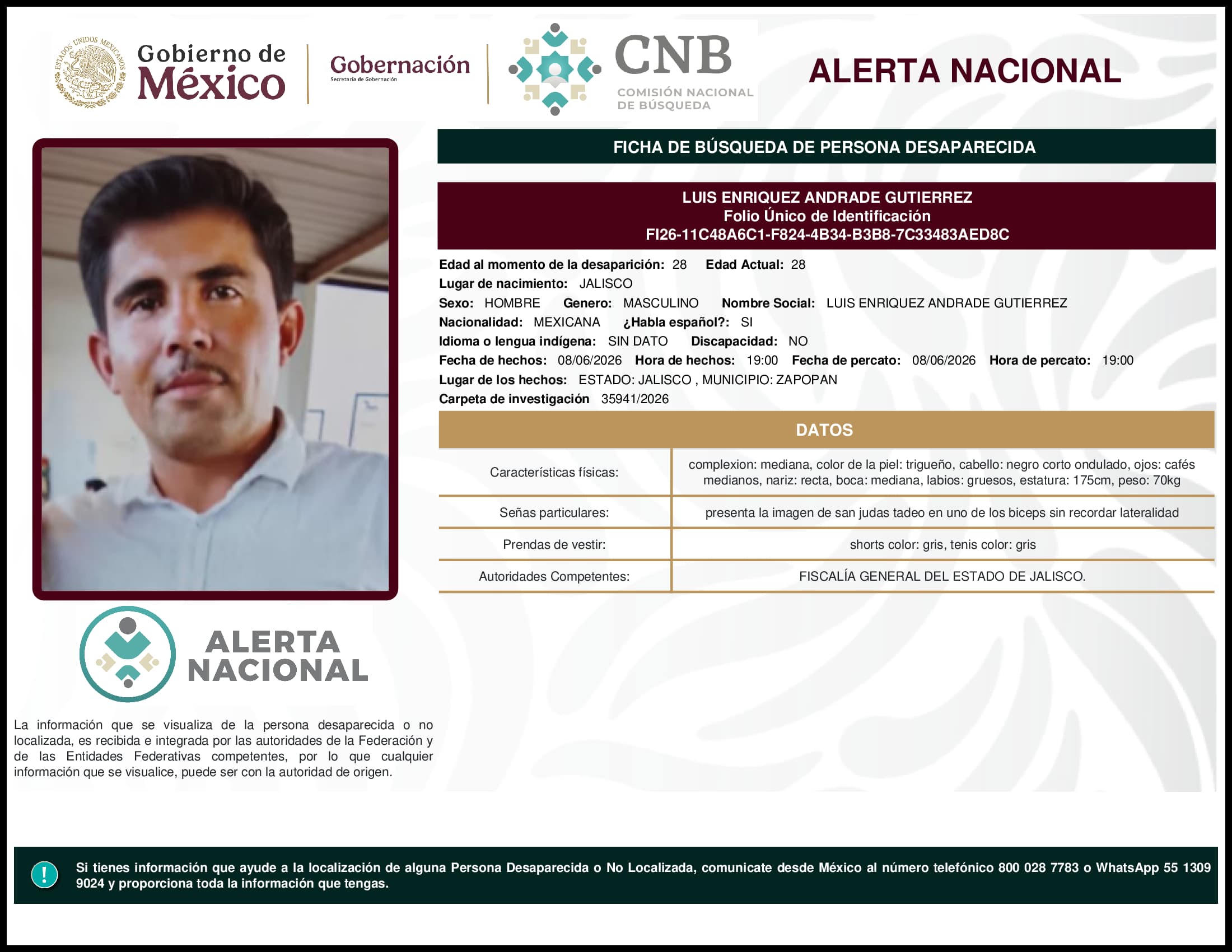 Persona desaparecida Luis Enriquez Andrade Gutierrez