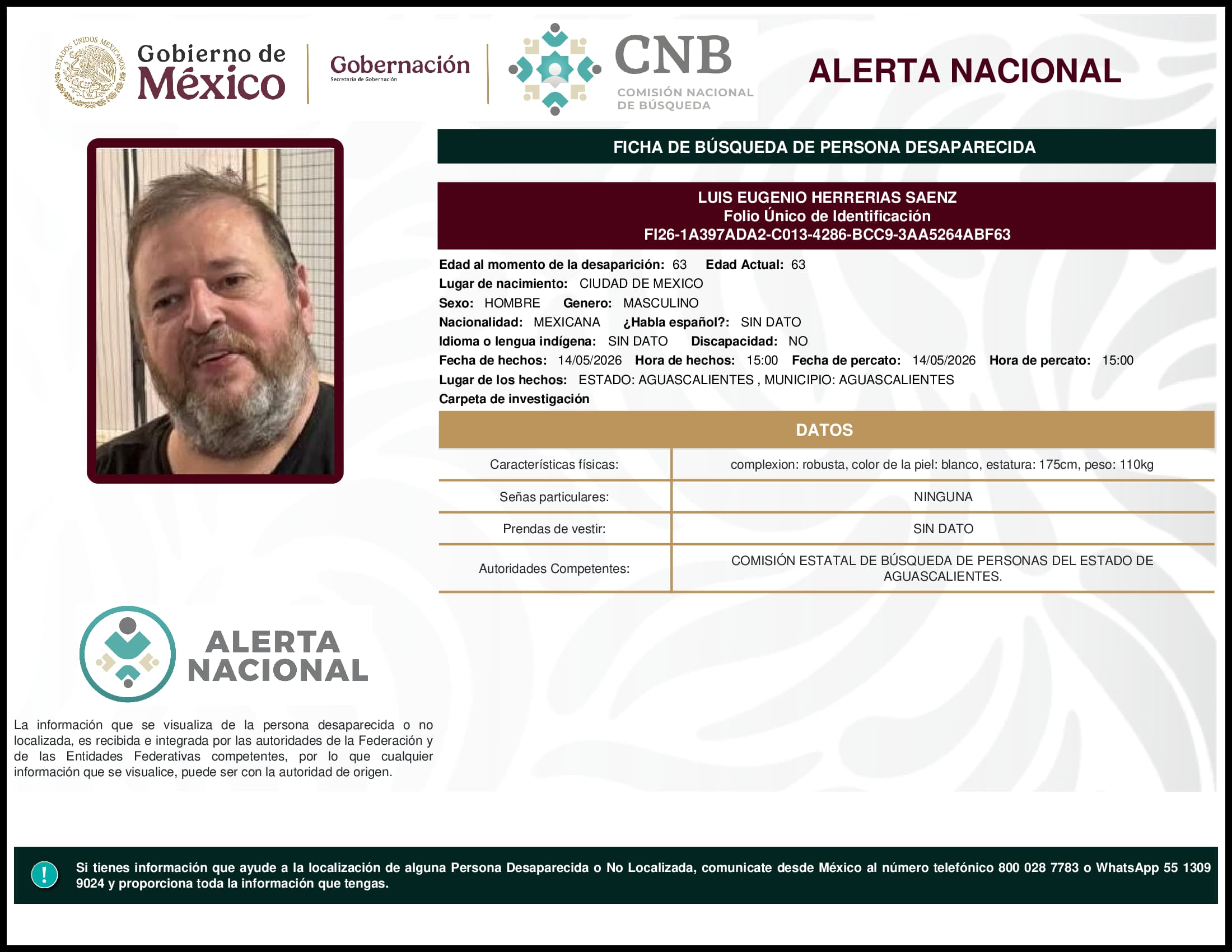 Persona desaparecida Luis Eugenio Herrerias Saenz