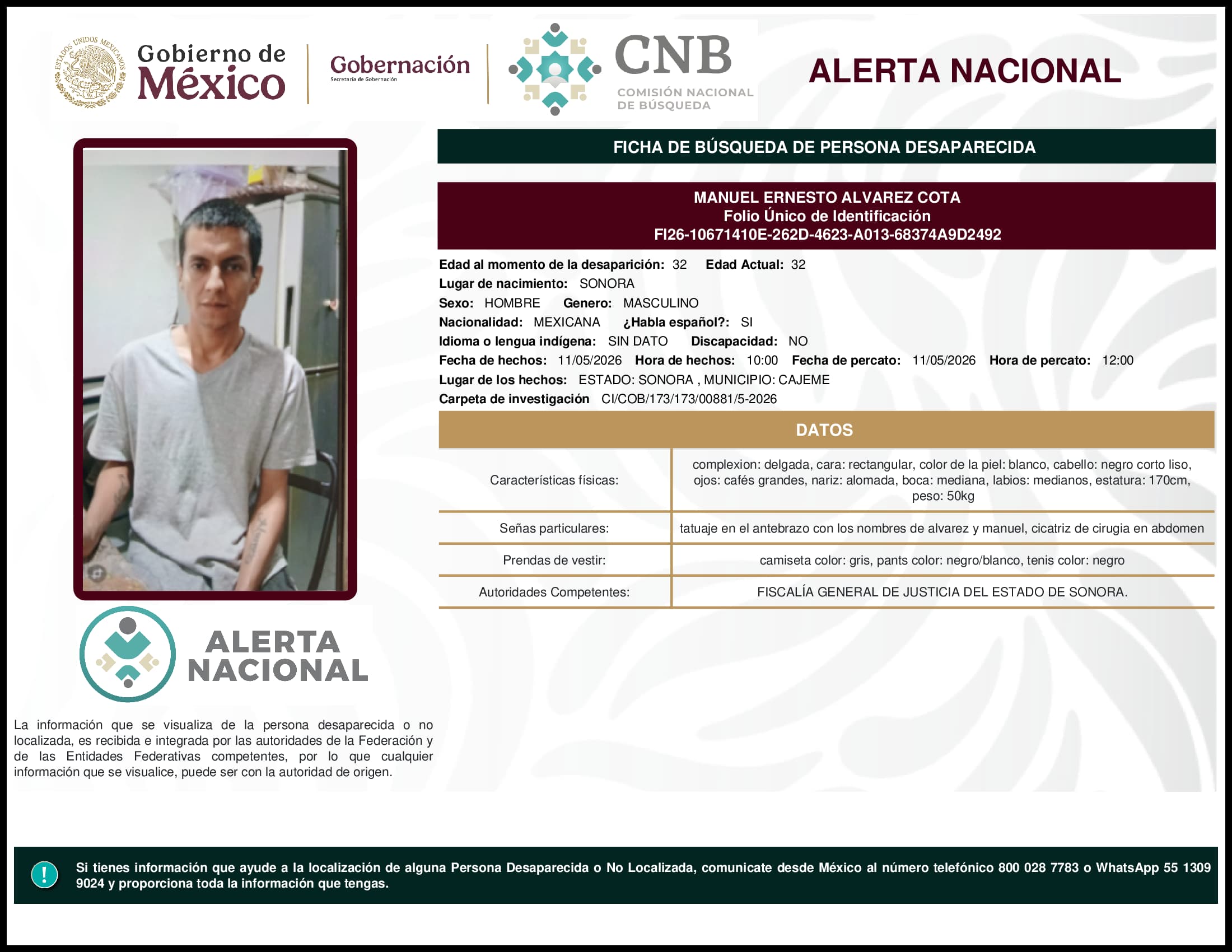 Persona desaparecida Manuel Ernesto Alvarez Cota
