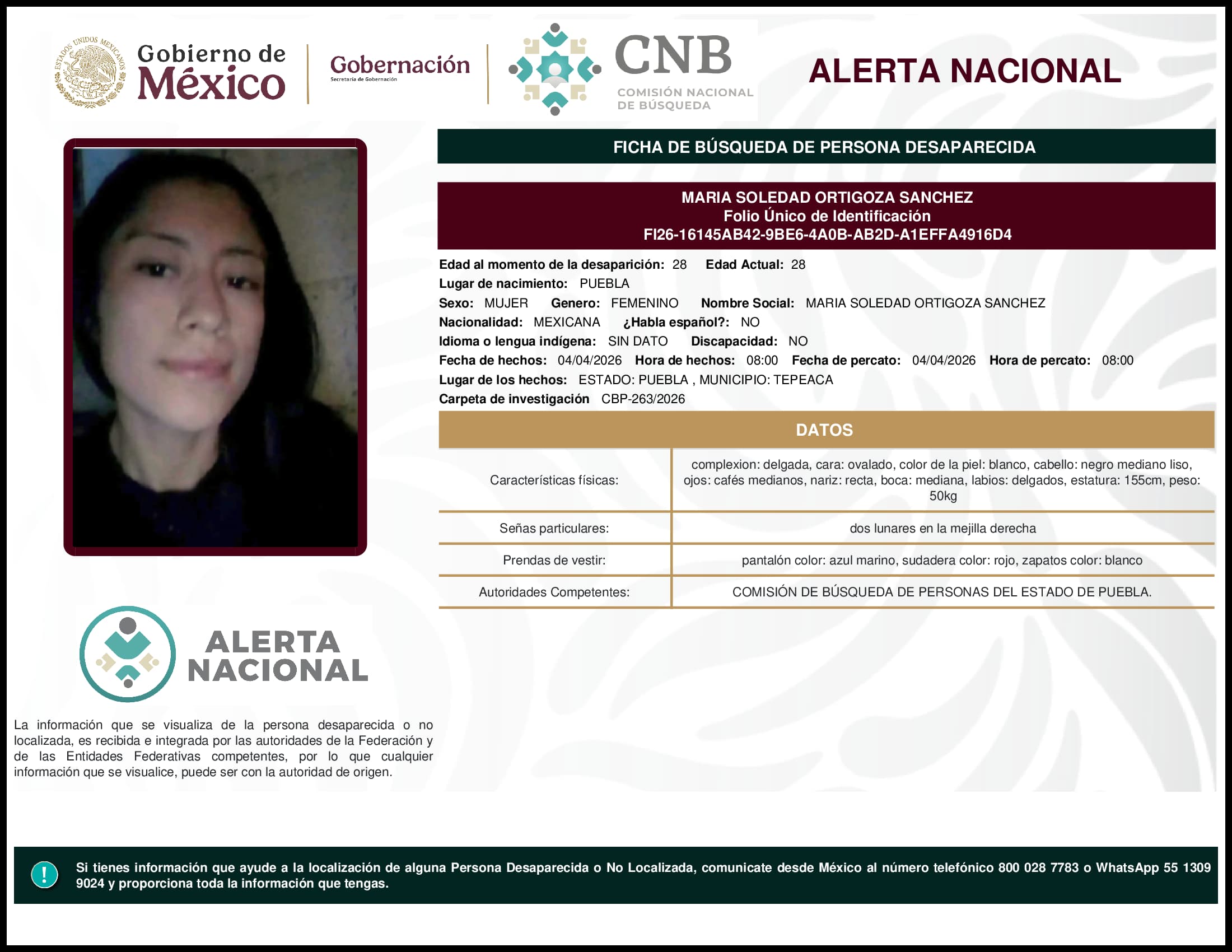 Persona desaparecida Maria Soledad Ortigoza Sanchez