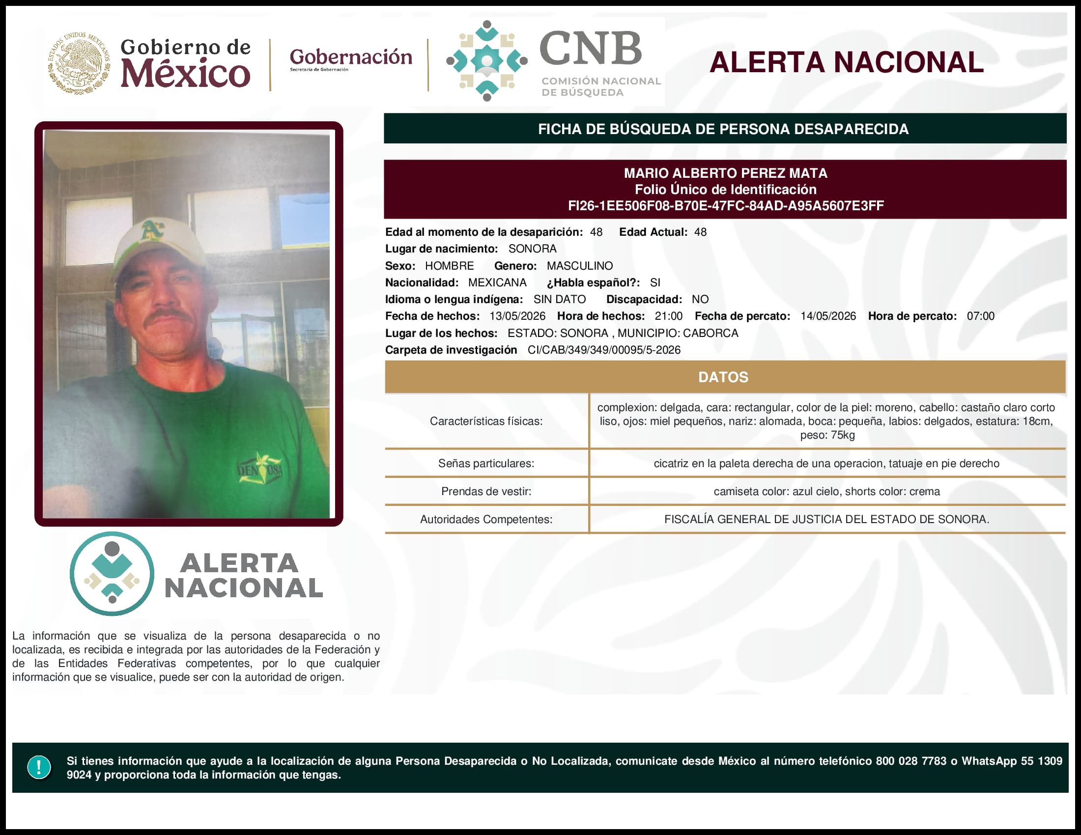Persona desaparecida Mario Alberto Perez Mata
