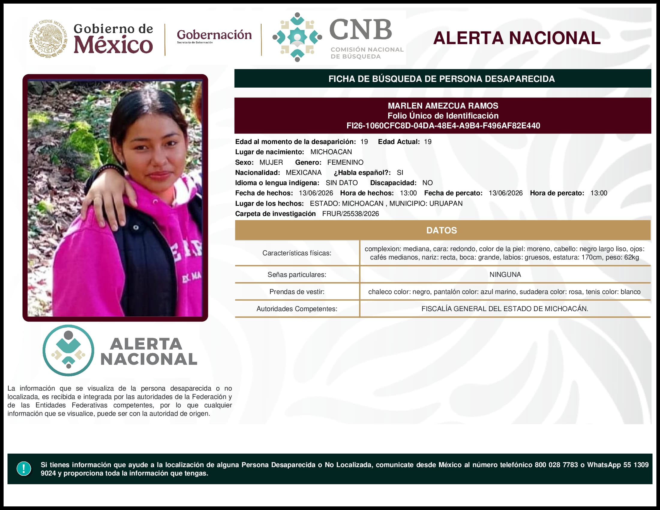 Persona desaparecida Marlen Amezcua Ramos