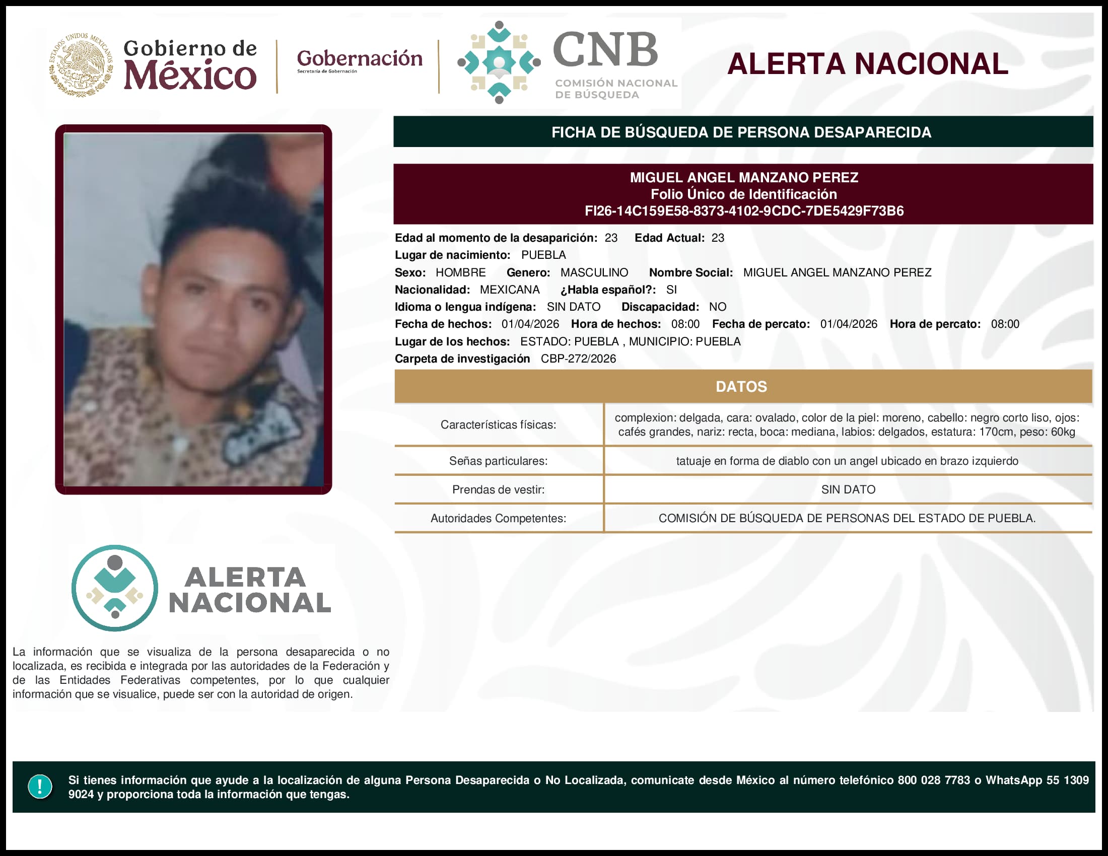Persona desaparecida Miguel Angel Manzano Perez