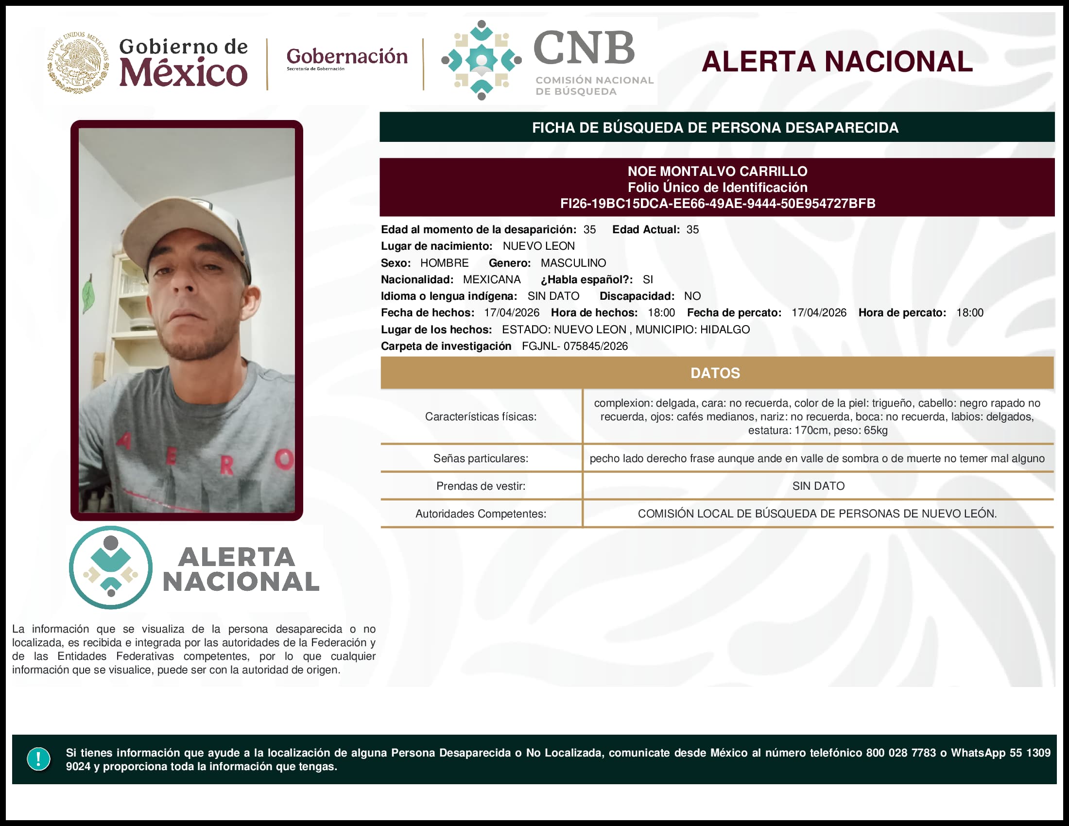 Persona desaparecida Noe Montalvo Carrillo