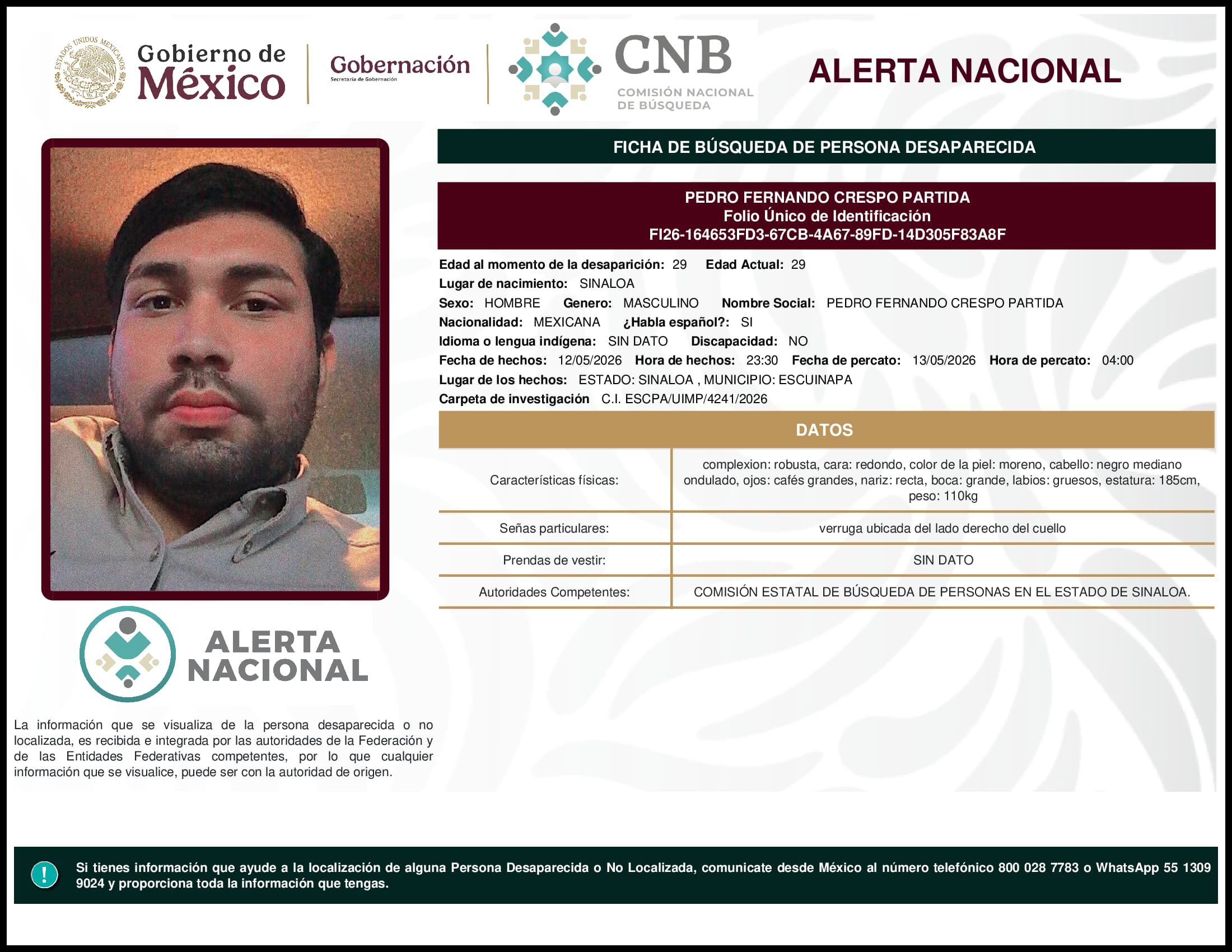 Persona desaparecida Pedro Fernando Crespo Partida