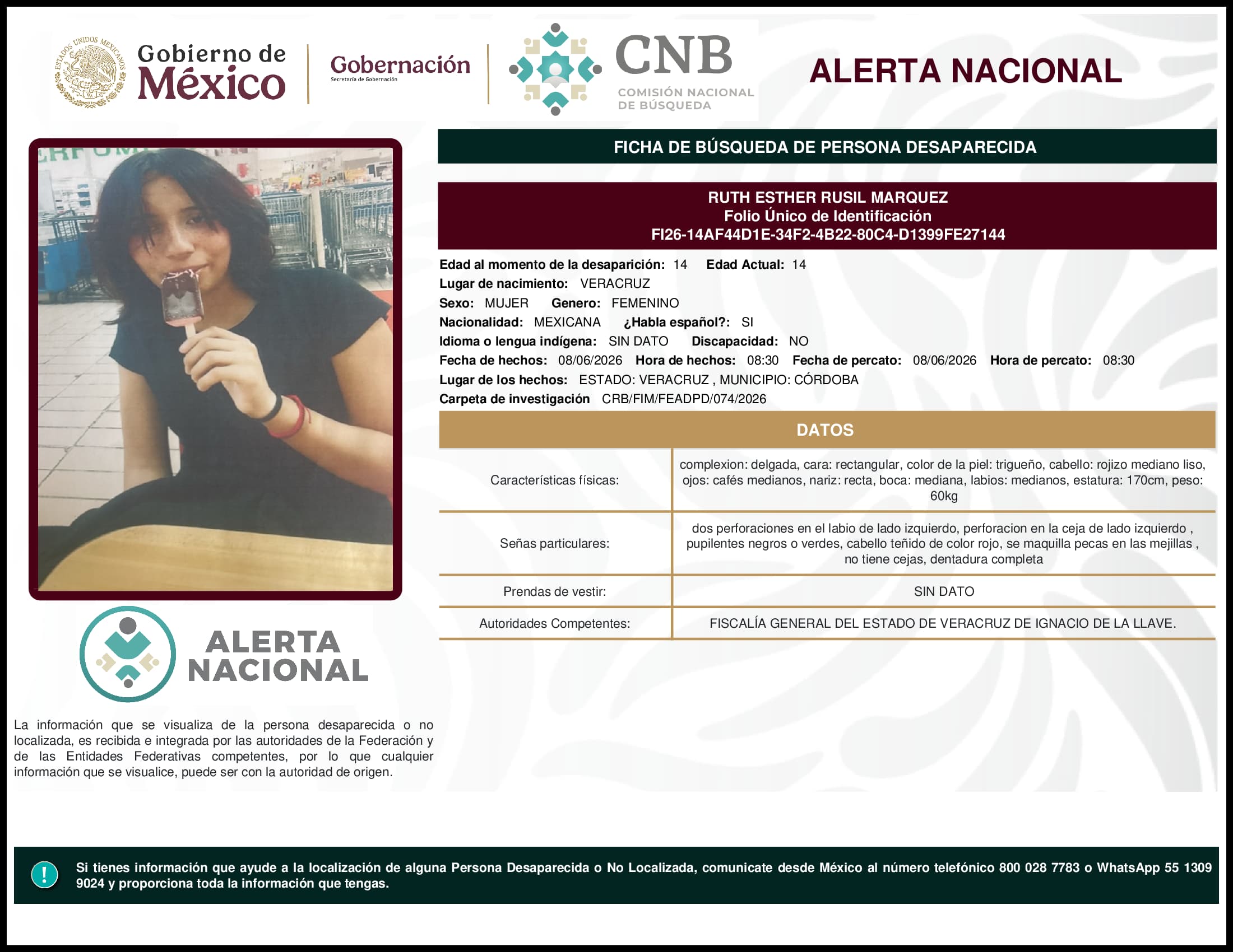 Persona desaparecida Ruth Esther Rusil Marquez
