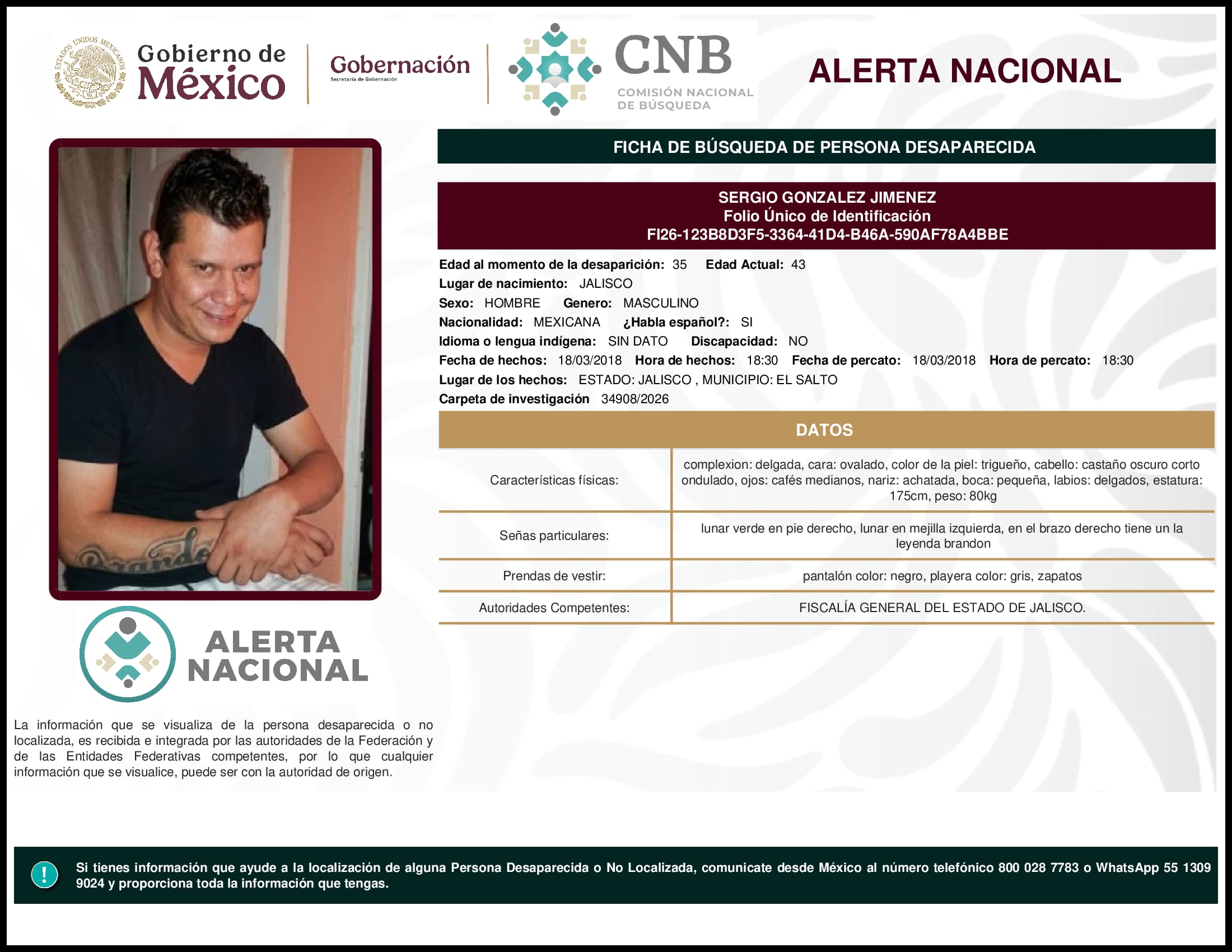 Persona desaparecida Sergio Gonzalez Jimenez