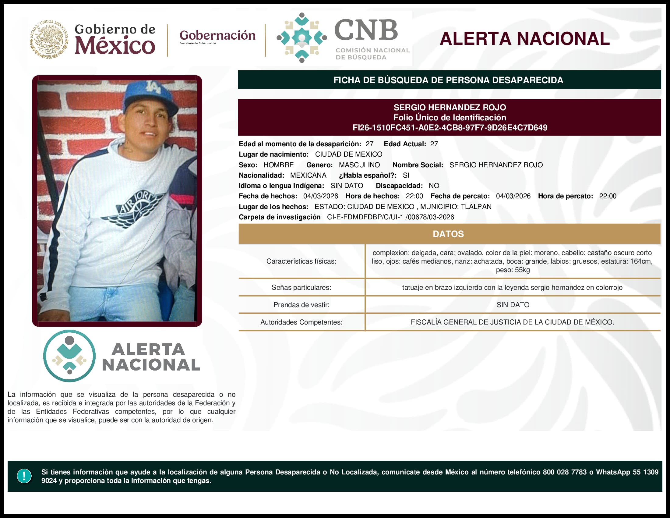 Persona desaparecida Sergio Hernandez Rojo