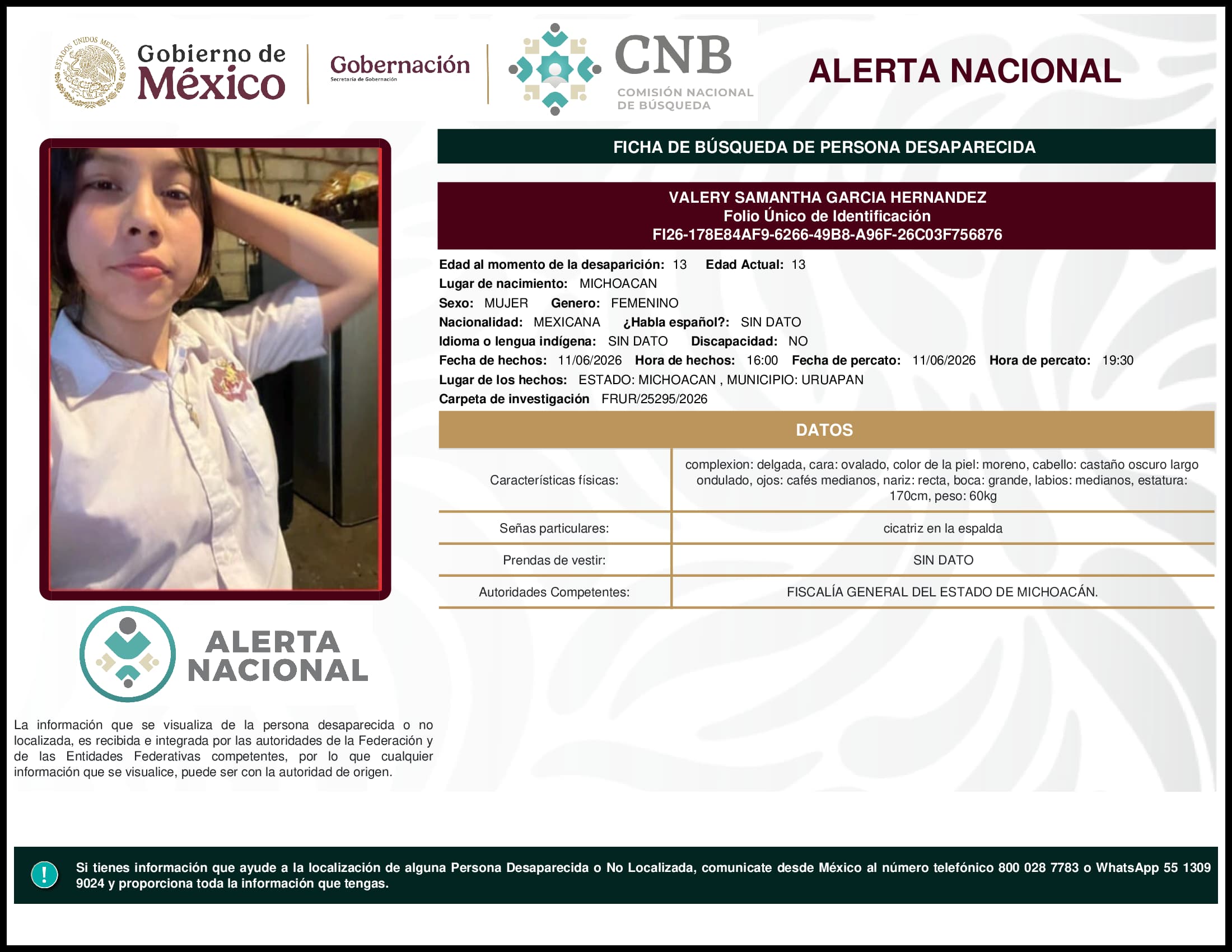 Persona desaparecida Valery Samantha Garcia Hernandez
