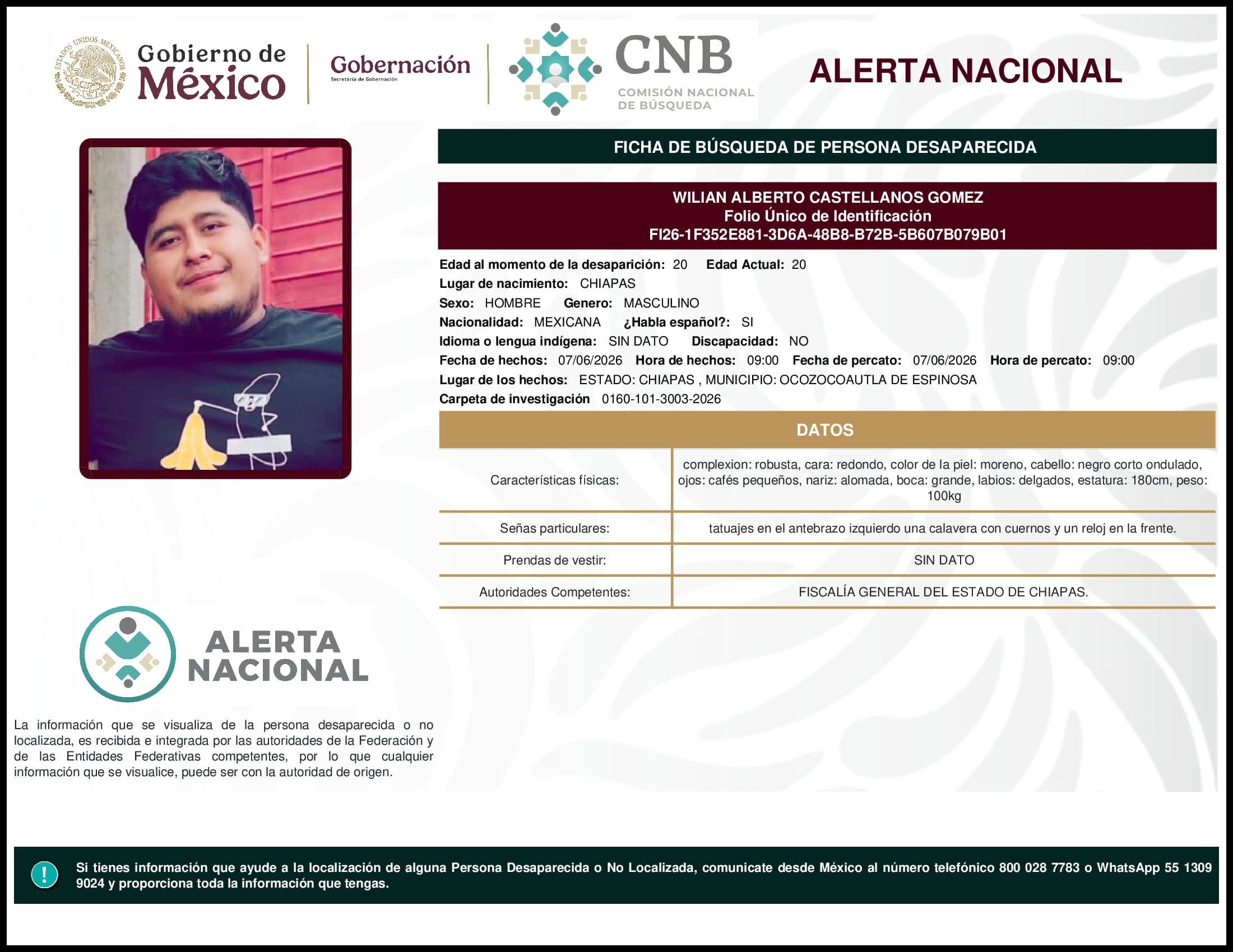 Persona desaparecida Wilian Alberto Castellanos Gomez