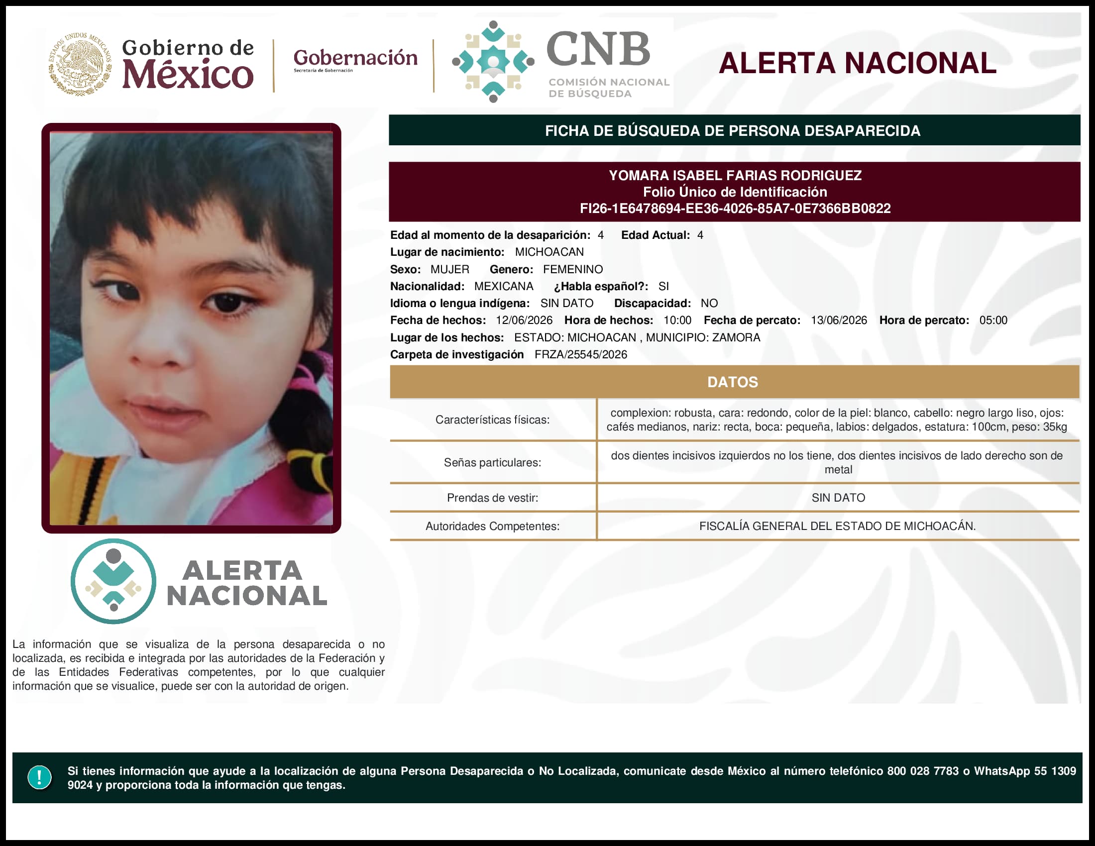 Persona desaparecida Yomara Isabel Farias Rodriguez